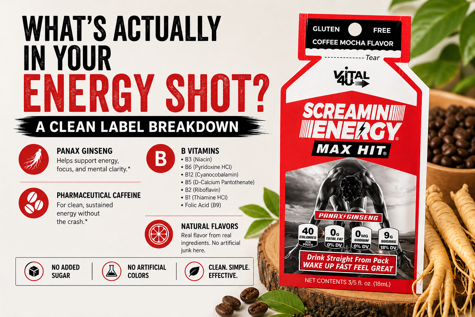 Clean label energy shot ingredient breakdown showing caffeine, B vitamins, and ginseng in Vital 4U products