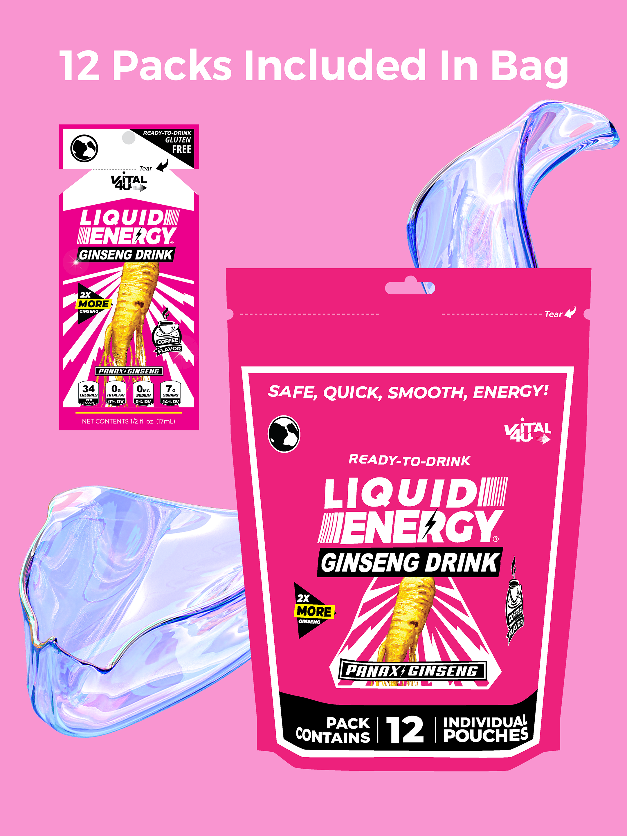 Pink package of Liquid Energy coffee flavored ginseng drink with packaging on a pink background.