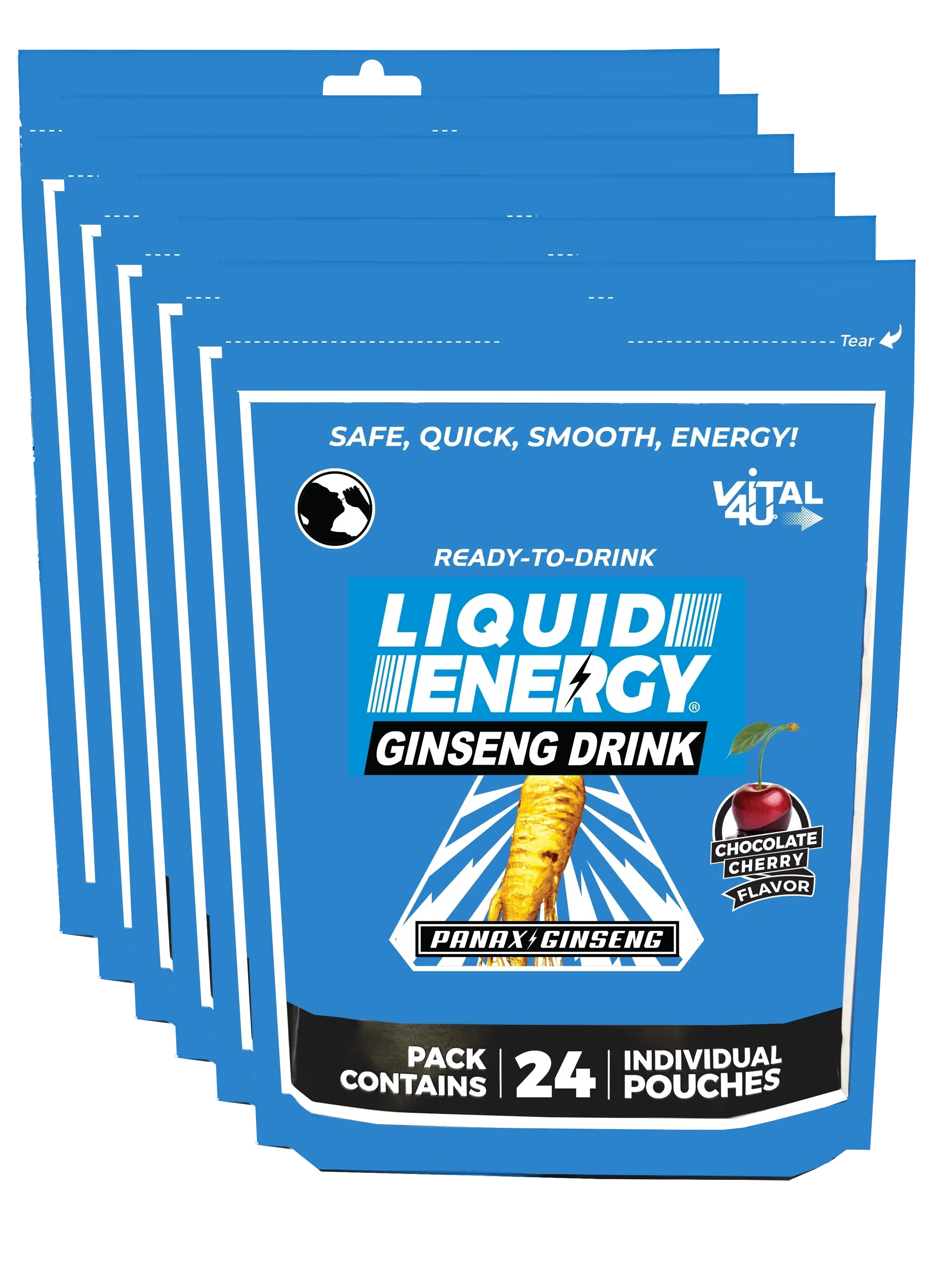 Six blue bags containing 24 pouches each of Vital 4U chocolate cherry flavored Liquid Energy shots with ginseng.
