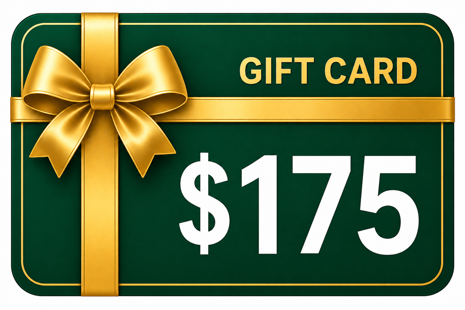 Gift card with a gold bow and $175 amount on a green background