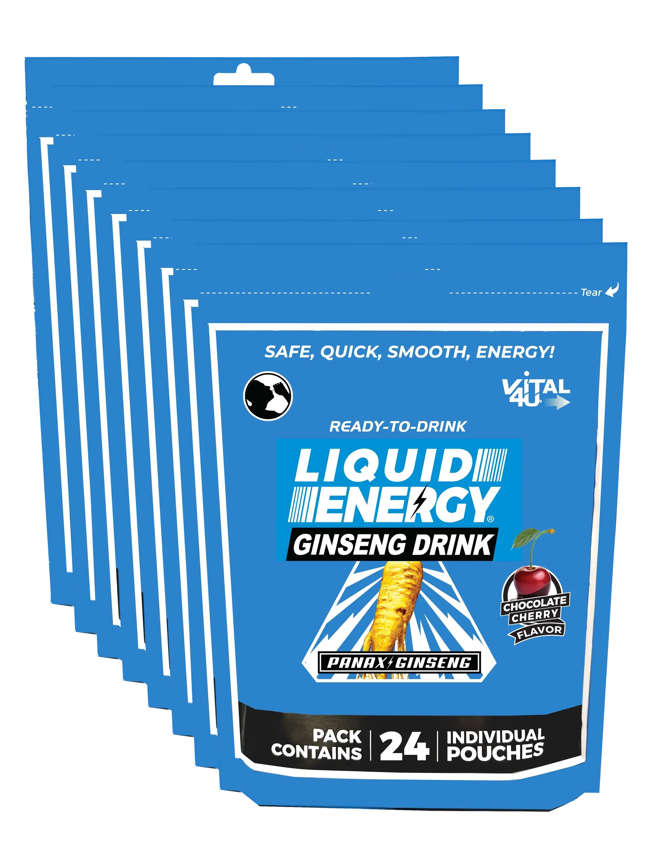 Eight blue bags containing 24 pouches each of Vital 4U chocolate cherry flavored Liquid Energy shots with ginseng.