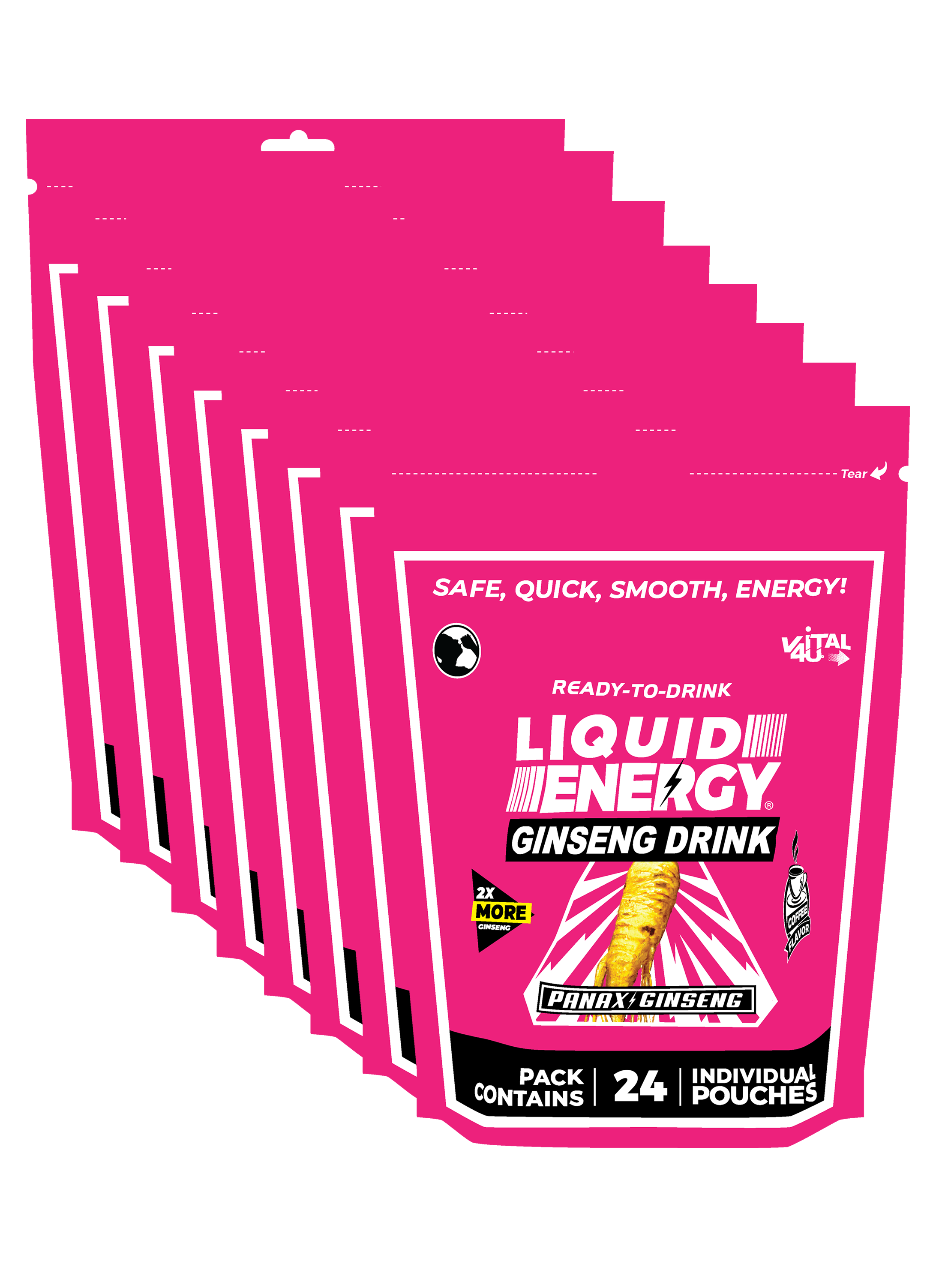 Eight pink bags containing 24 pouches each of Vital 4U delicious coffee flavored Liquid Energy shots with ginseng.