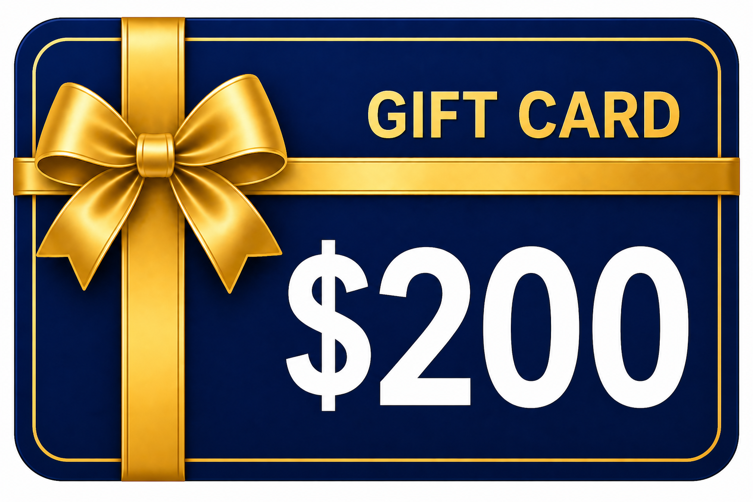 Gift card with a gold bow and $200 value on a blue background