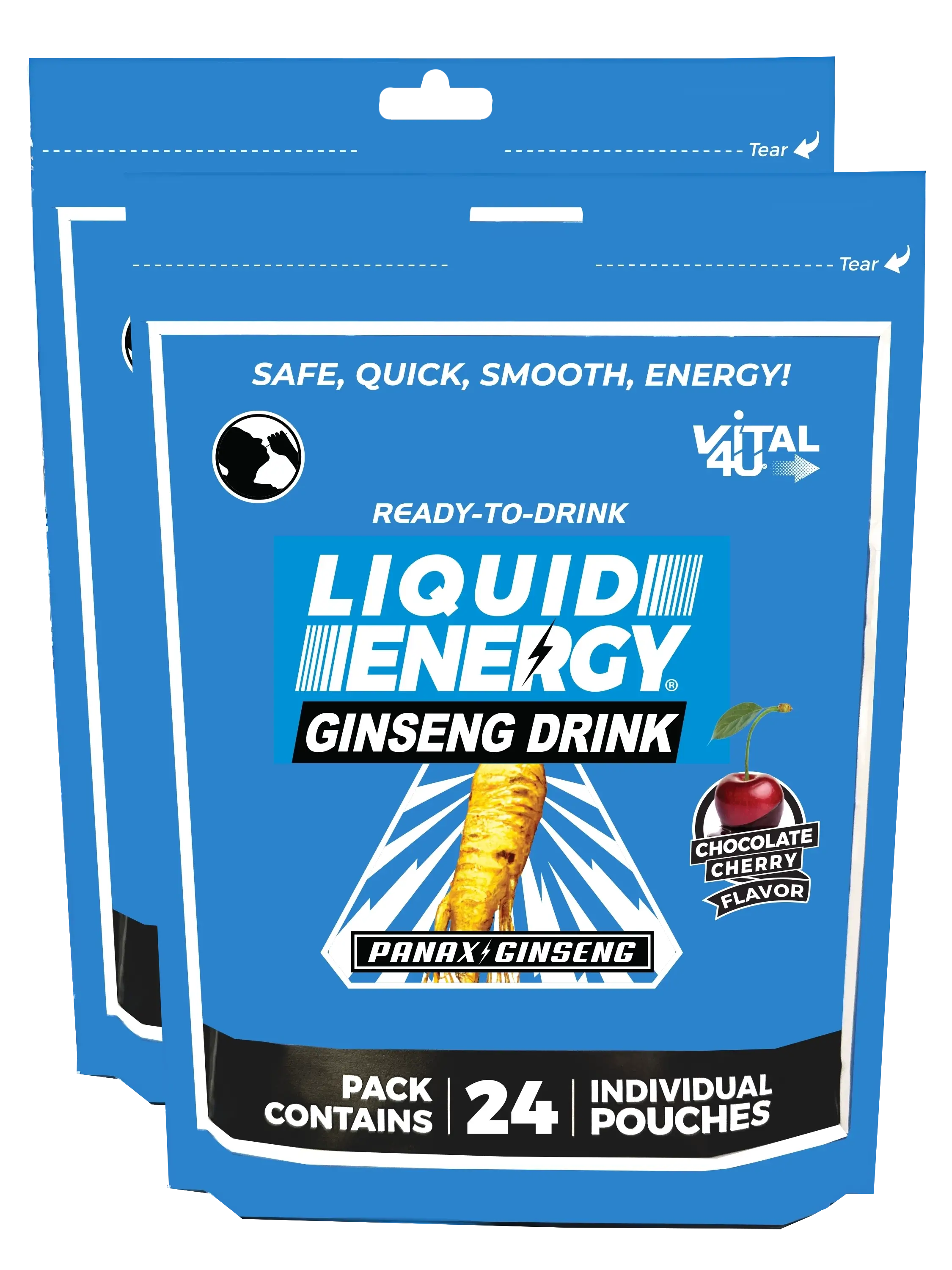 Two blue bags containing 24 pouches each of Vital 4U chocolate cherry flavored Liquid Energy shots with ginseng.