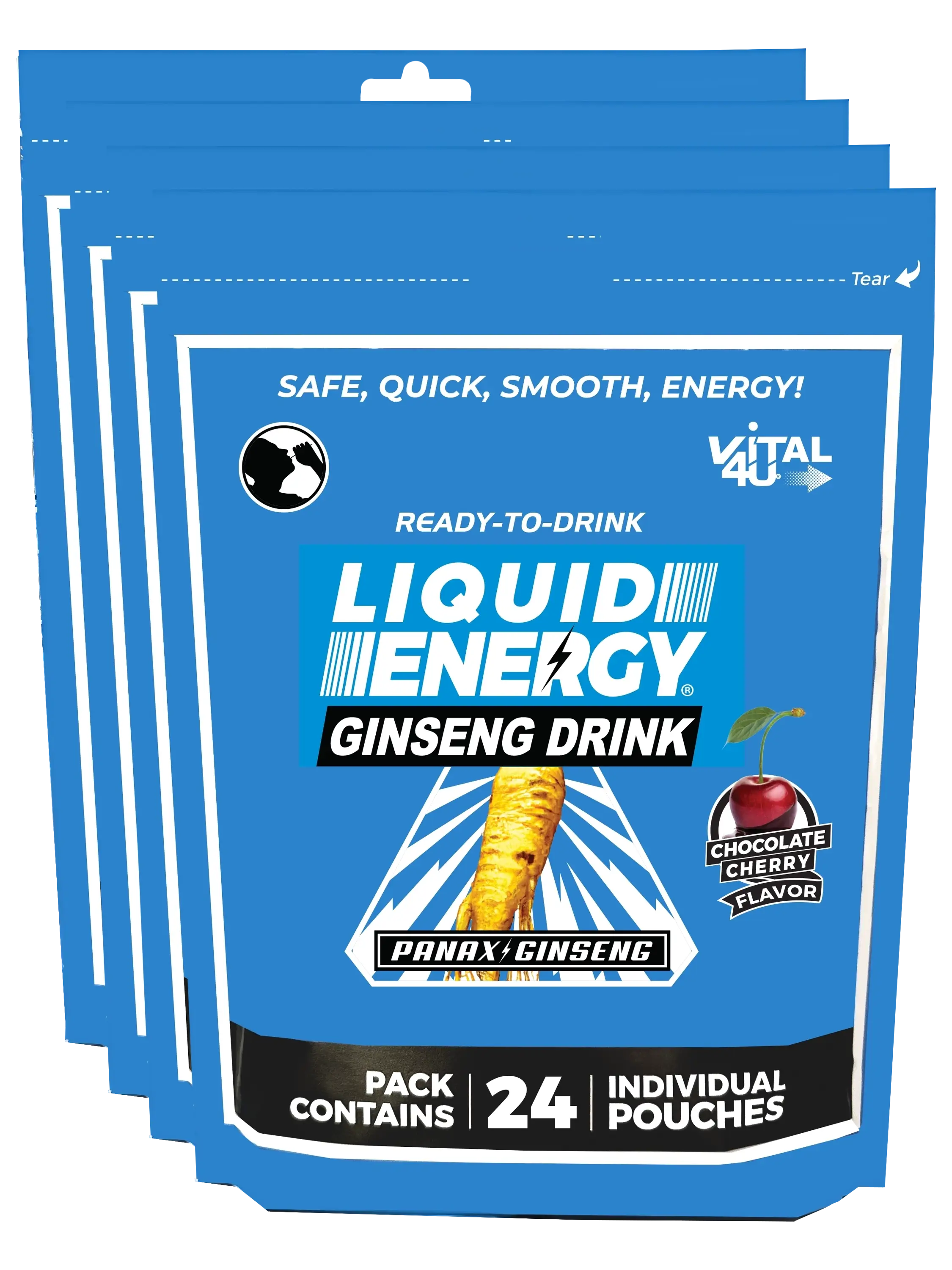 Four blue bags containing 24 pouches each of Vital 4U chocolate cherry flavored Liquid Energy shots with ginseng.