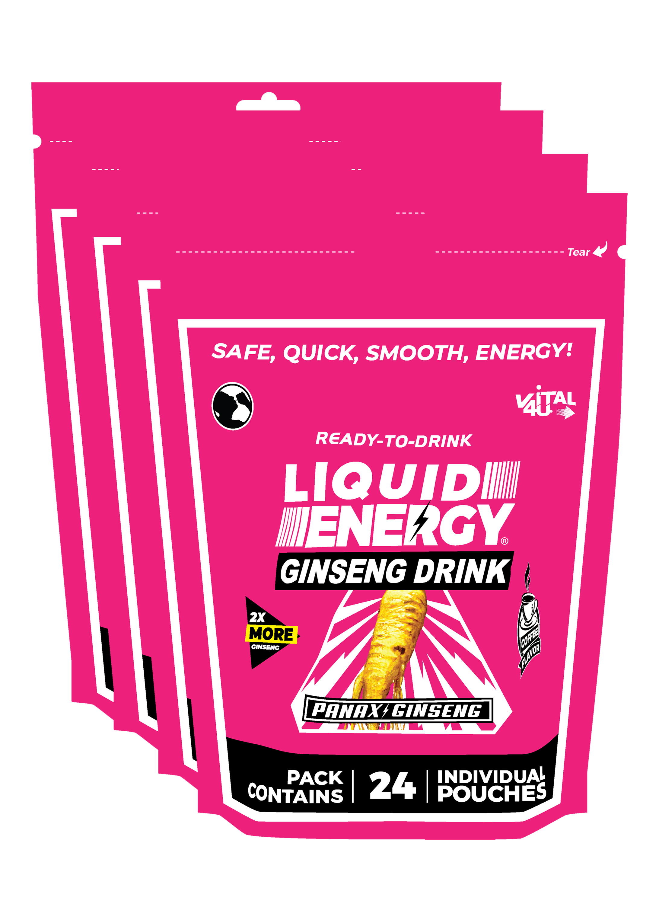 Four pink bags containing 24 pouches each of Vital 4U delicious coffee flavored Liquid Energy shots with ginseng.