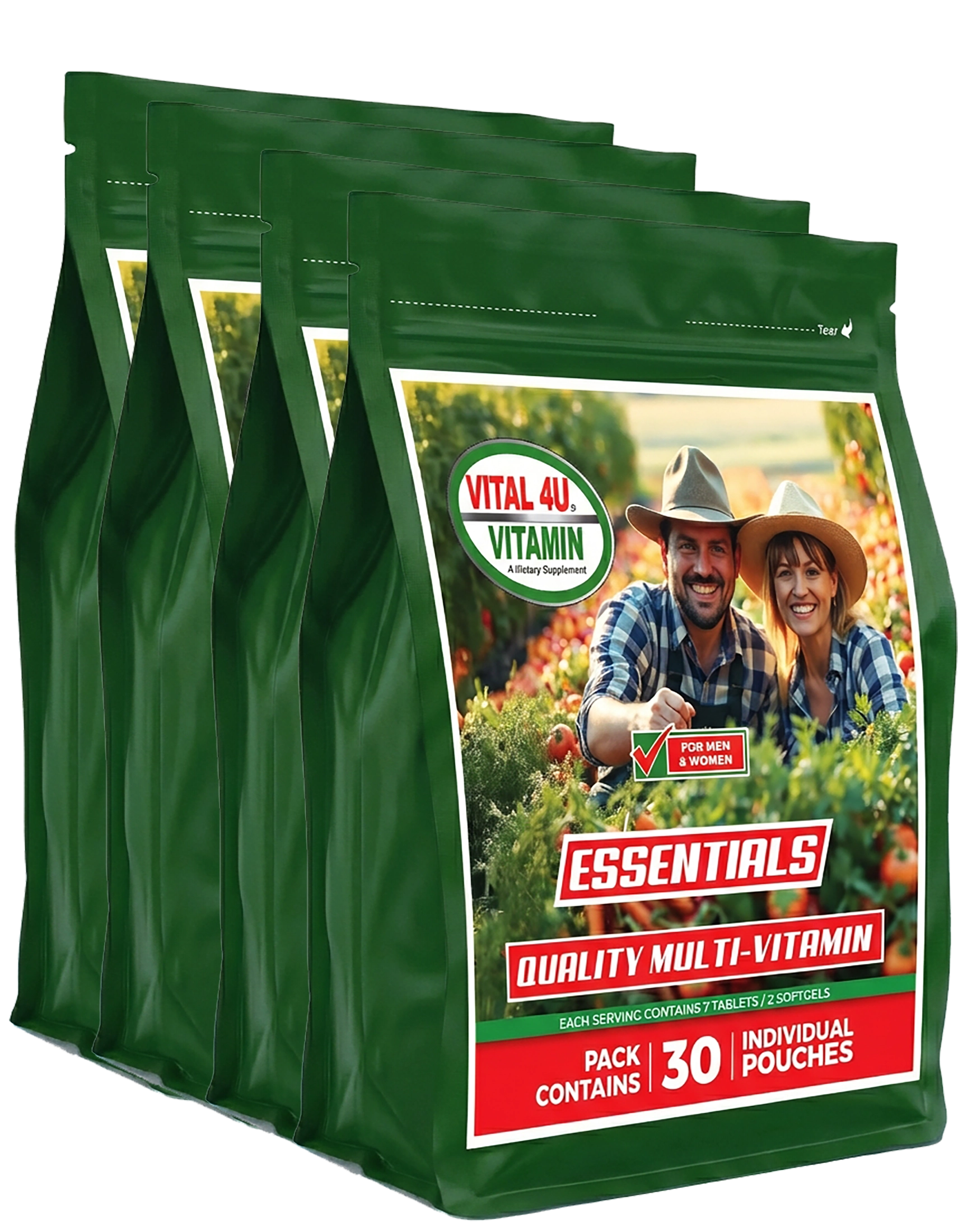 Three green bags of Vital 4U Vitamin Essentials with a man and woman in a field on the label.