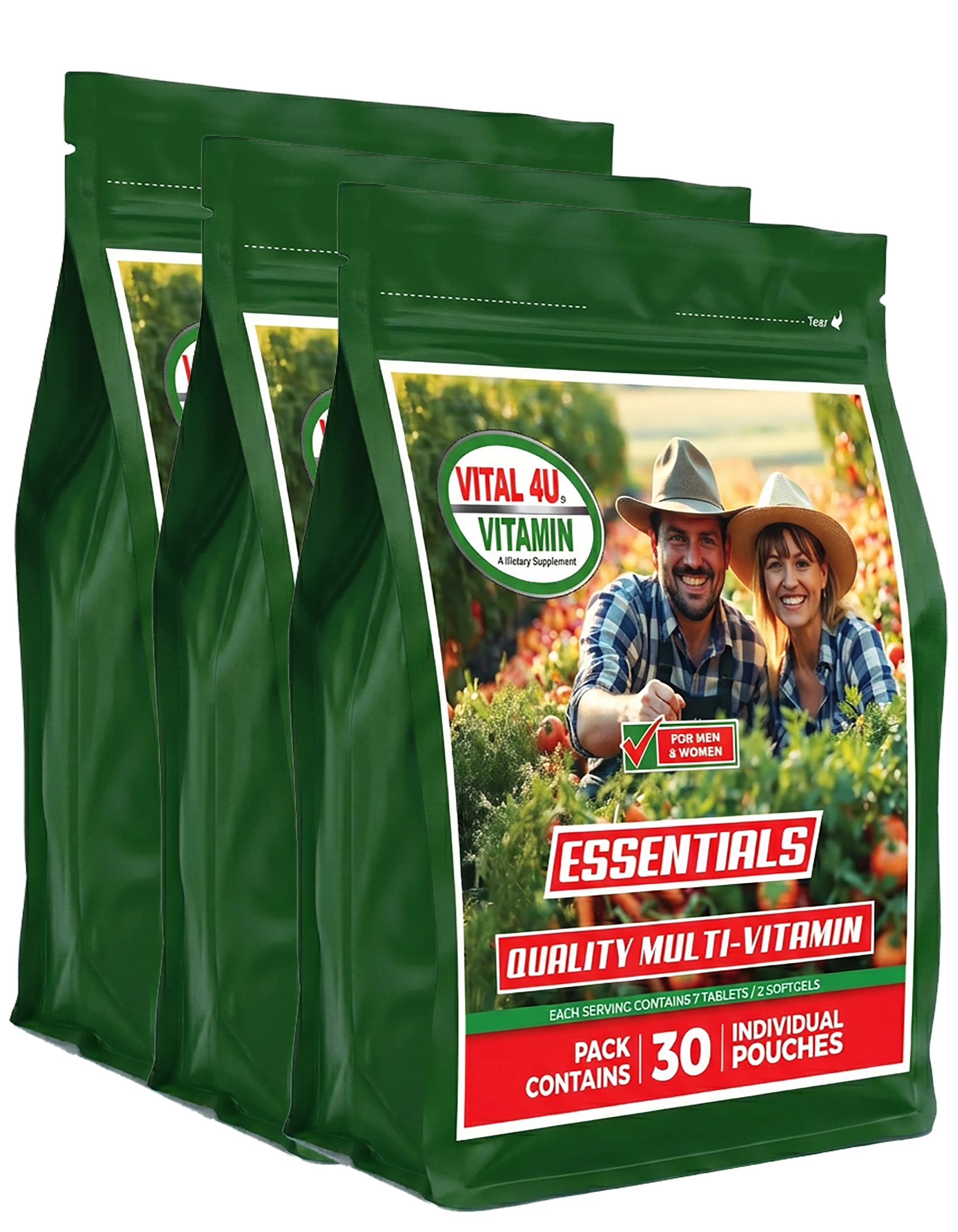 Three green packages of Essentials Quality Multi-Vitamin with a man and woman in a field on the label.