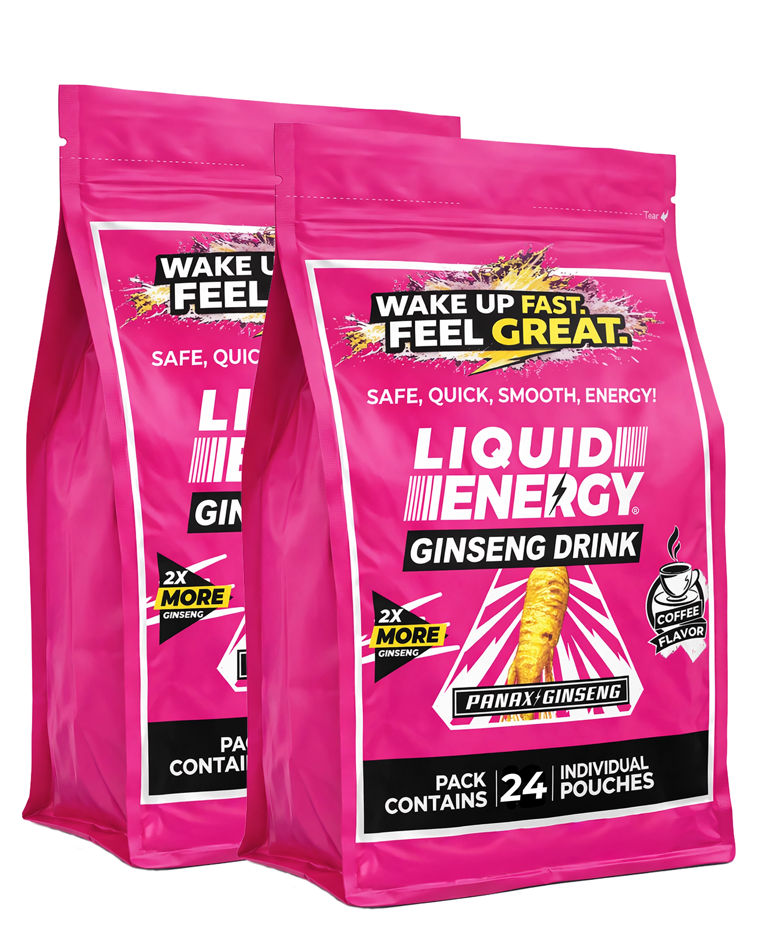 Two pink packages of Liquidi Energy Ginseng Drink on a white background