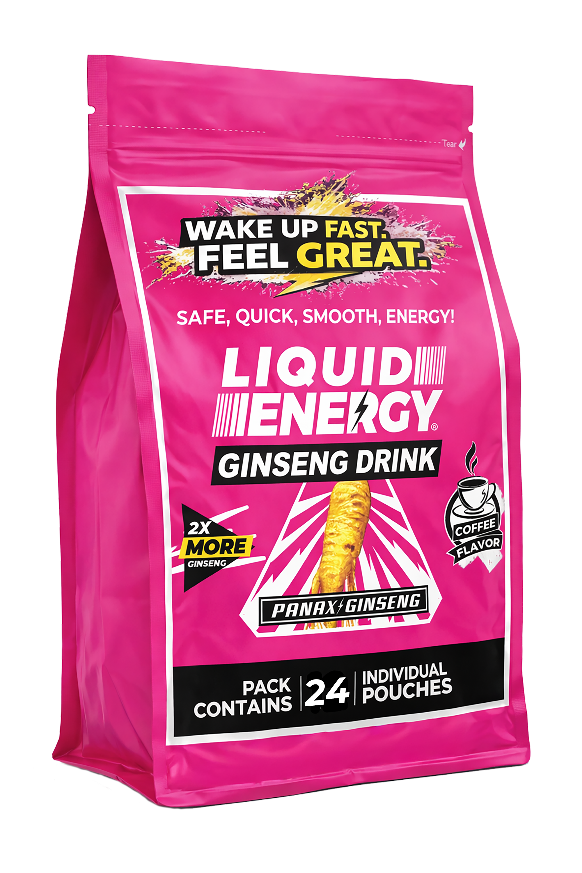 Pink package of Liquid Energy Ginseng Drink with text on a white background