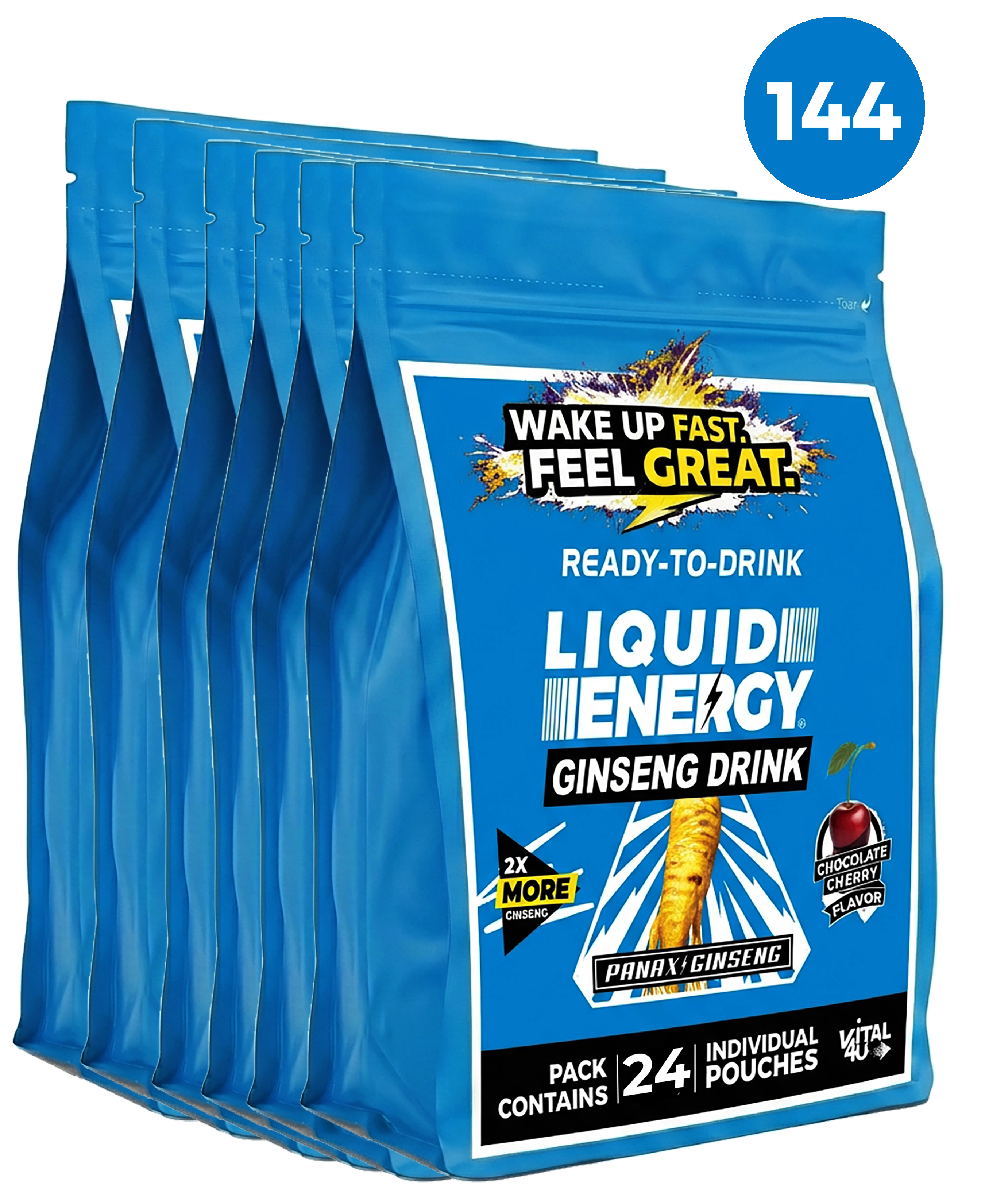 Multiple packages of Liquid Energy Ginseng Drink with a blue label on a white background.