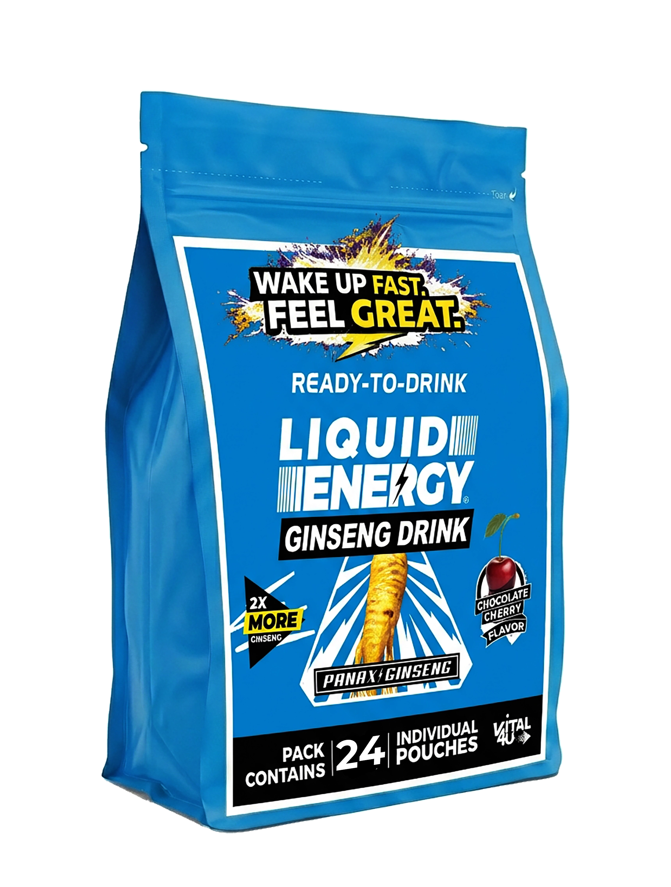 Blue package of liquid energy ginseng drink with text on a white background
