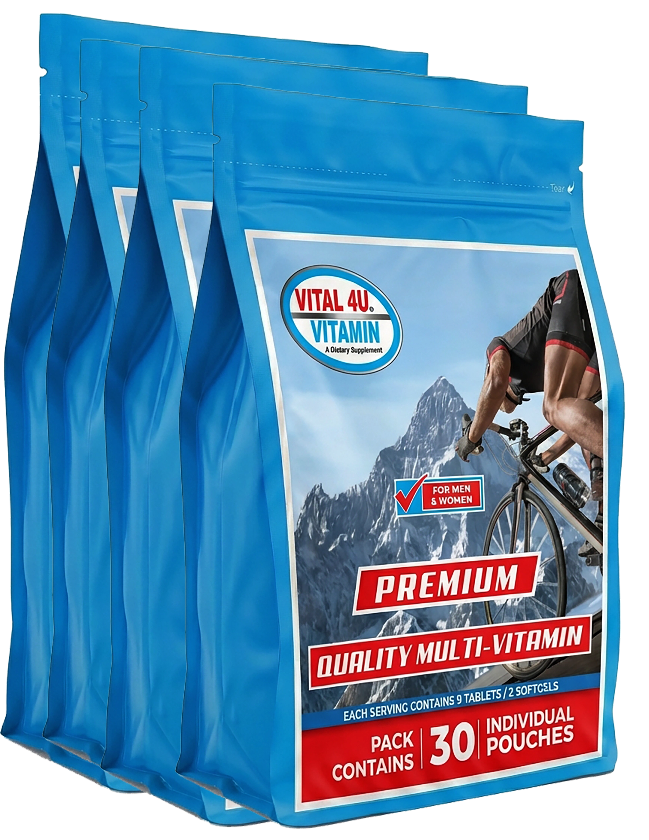 Vital 4U Vitamin packages with a cyclist on a mountain background