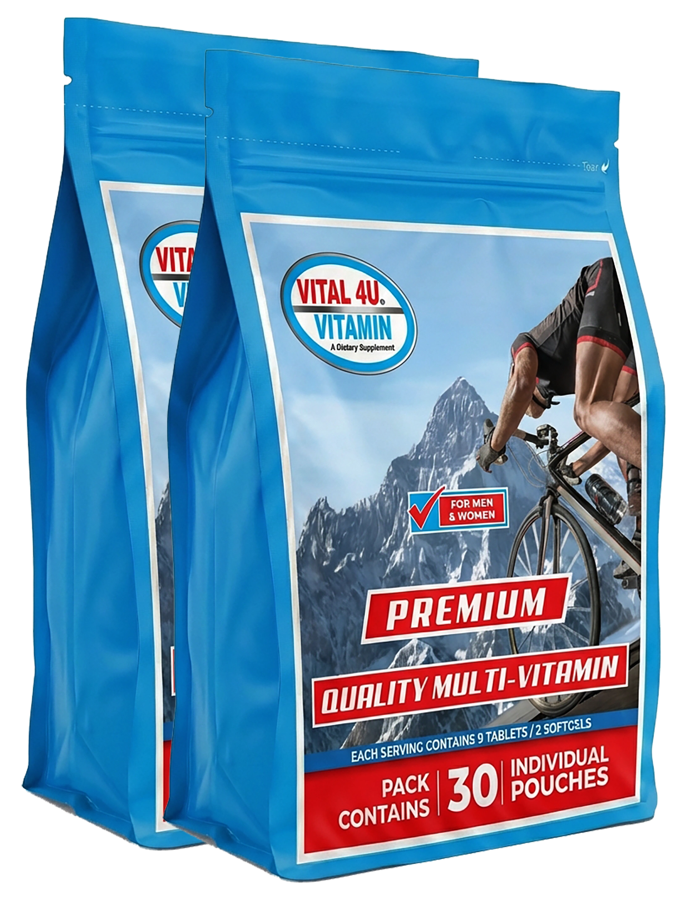 Two packages of Vital 4U Vitamin multi-vitamin with a mountain and cyclist design on the label.
