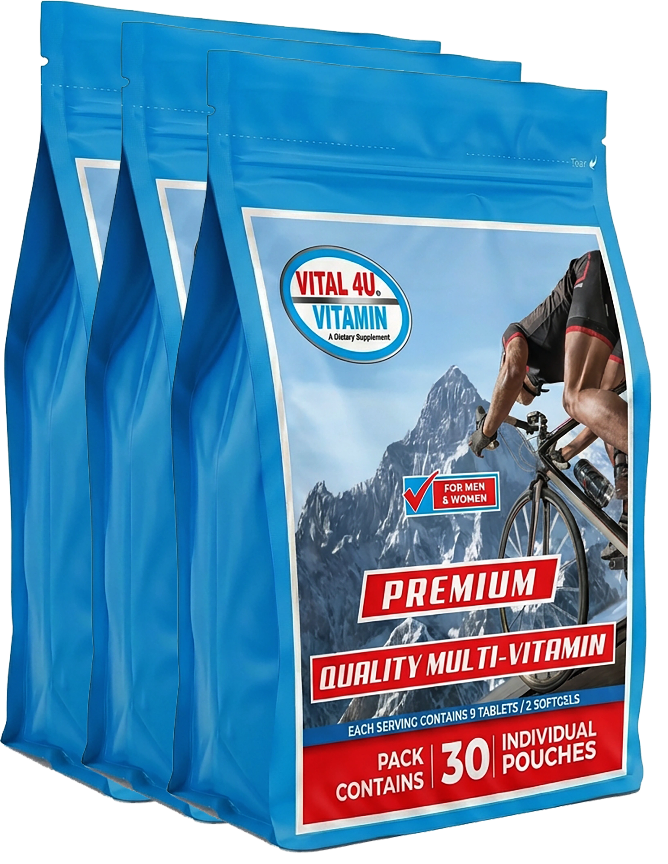 Three packages of Vital 4U Vitamin multi-vitamin with a mountain and cyclist design on the packaging.