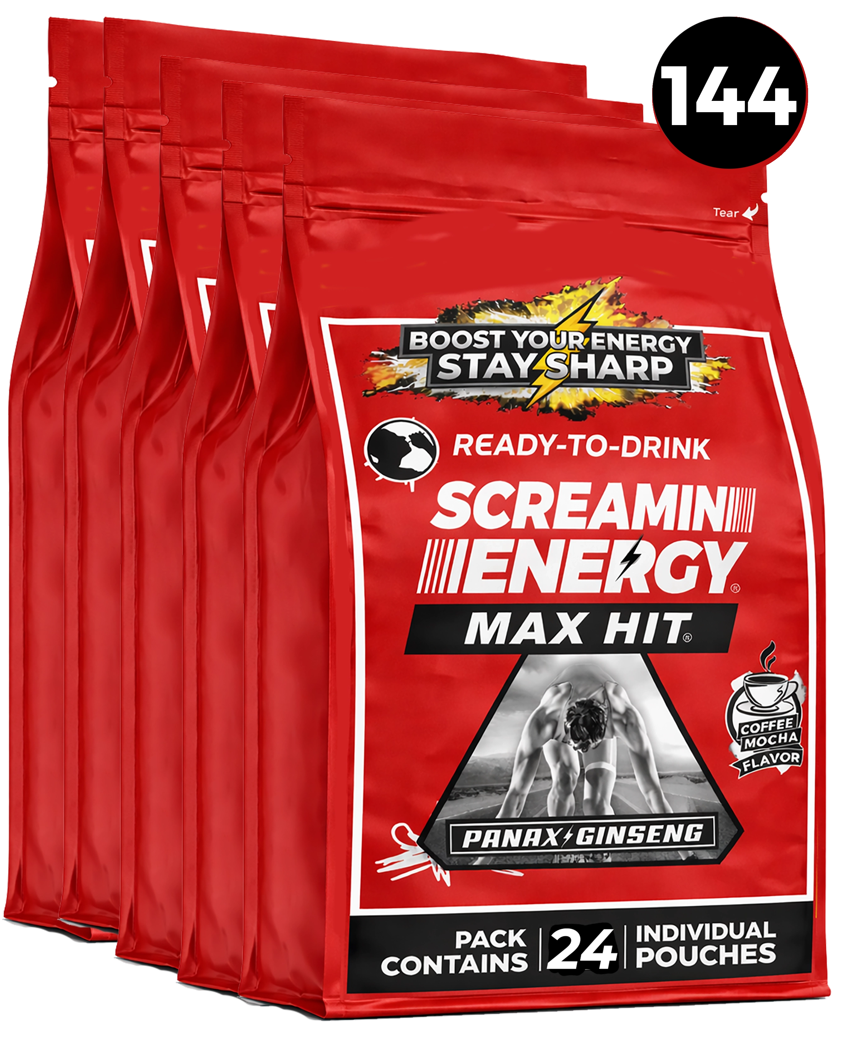 Red package of Screamin' Energy Max Hit energy drink mix with branding and product details.