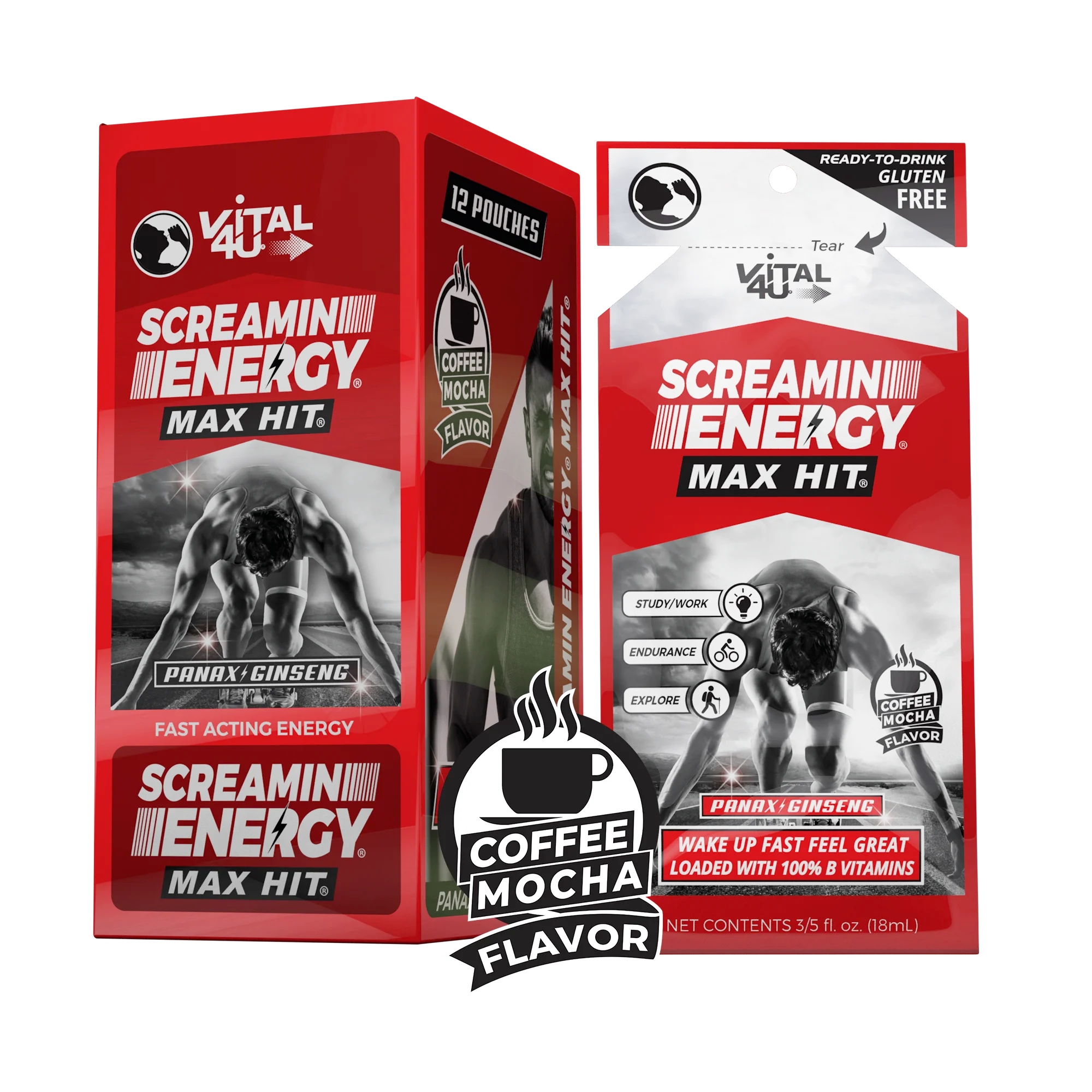 Screamin Energy Max Hit Coffee Mocha Flavor Box and Pouch 12 Ct