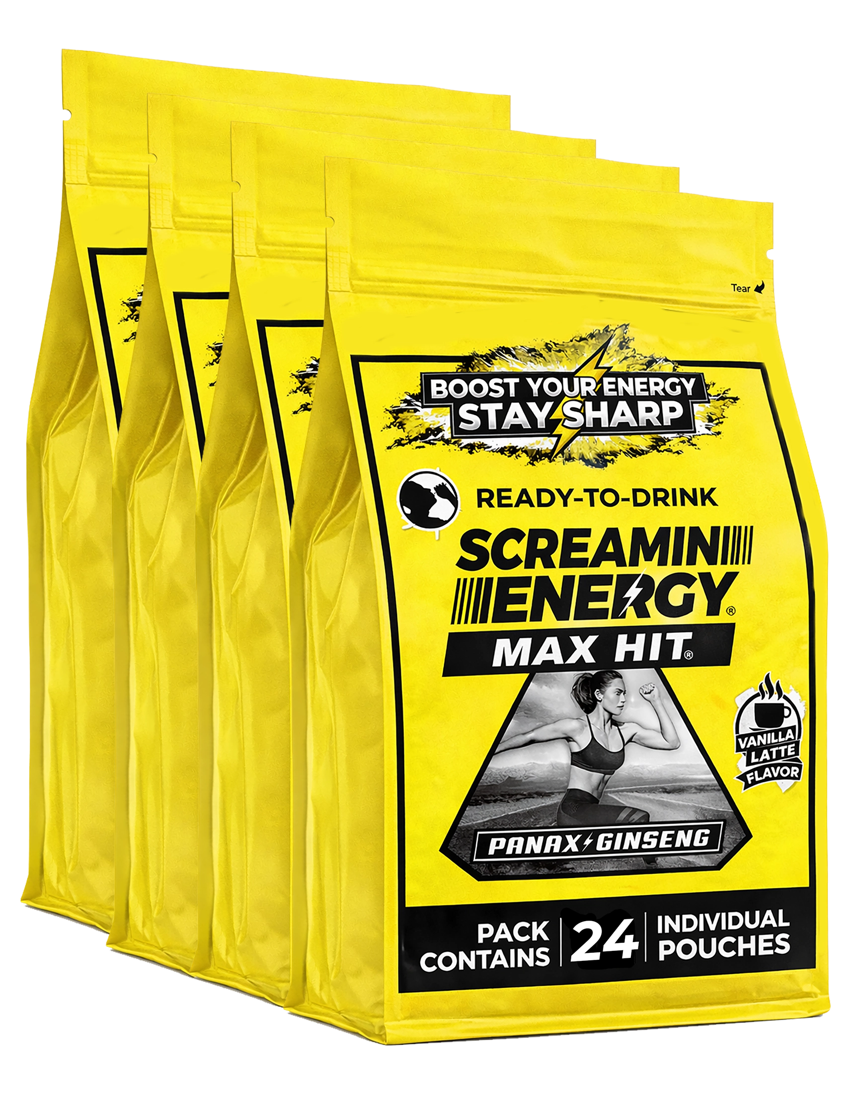 Yellow packages of Screamin' Energy Max Hit with branding and product details on a white background