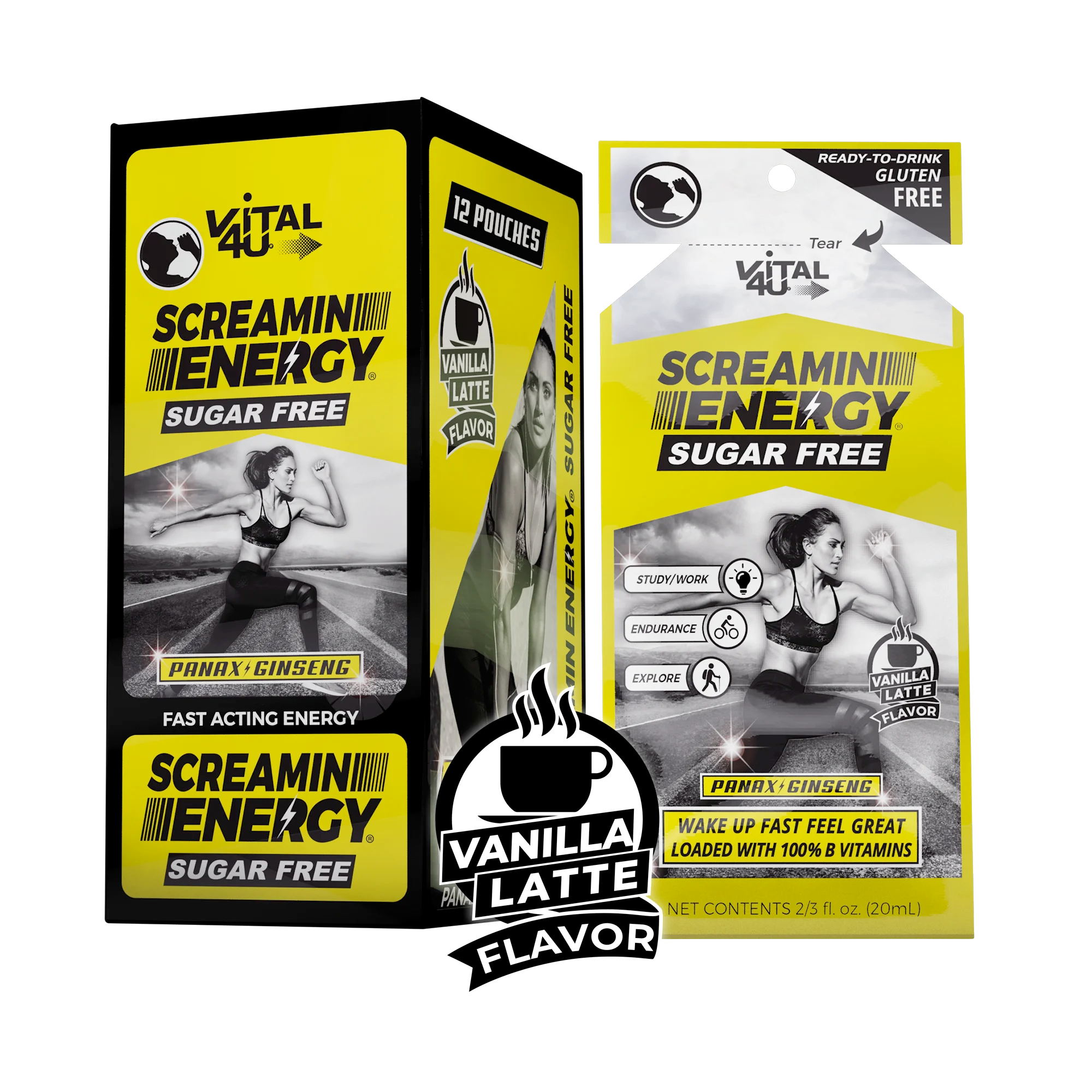 Screamin Energy Sugar Free Vanilla Latte Flavor Box and Pouch 12ct