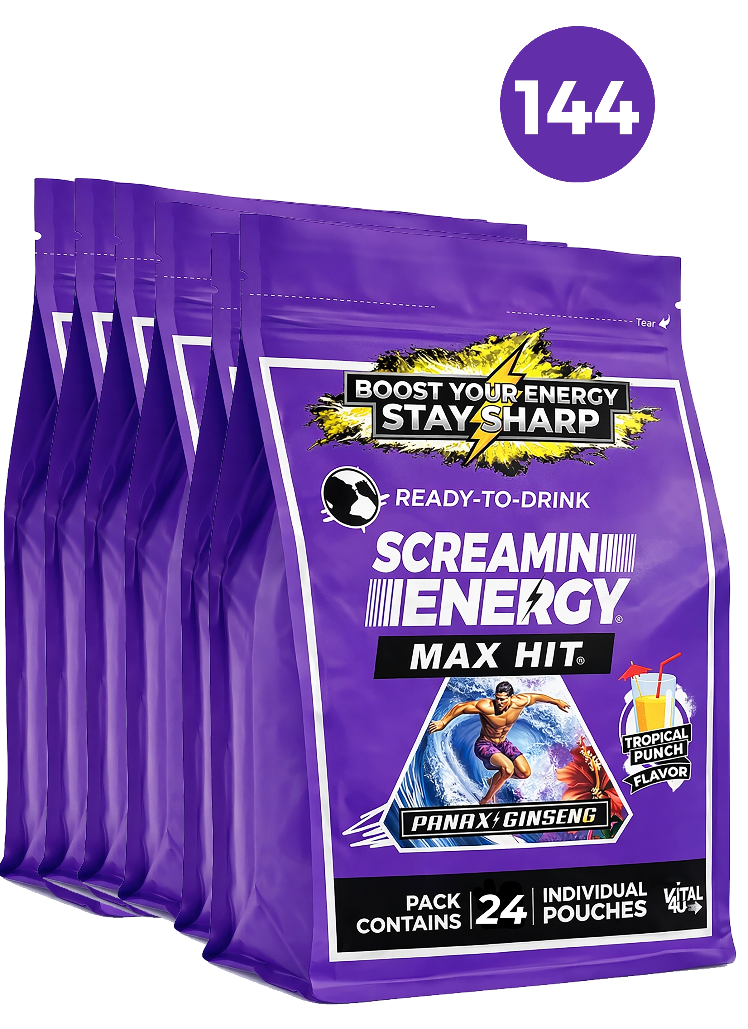 Purple package of Screamin' Energy Max Hit with branding and product details on a white background.