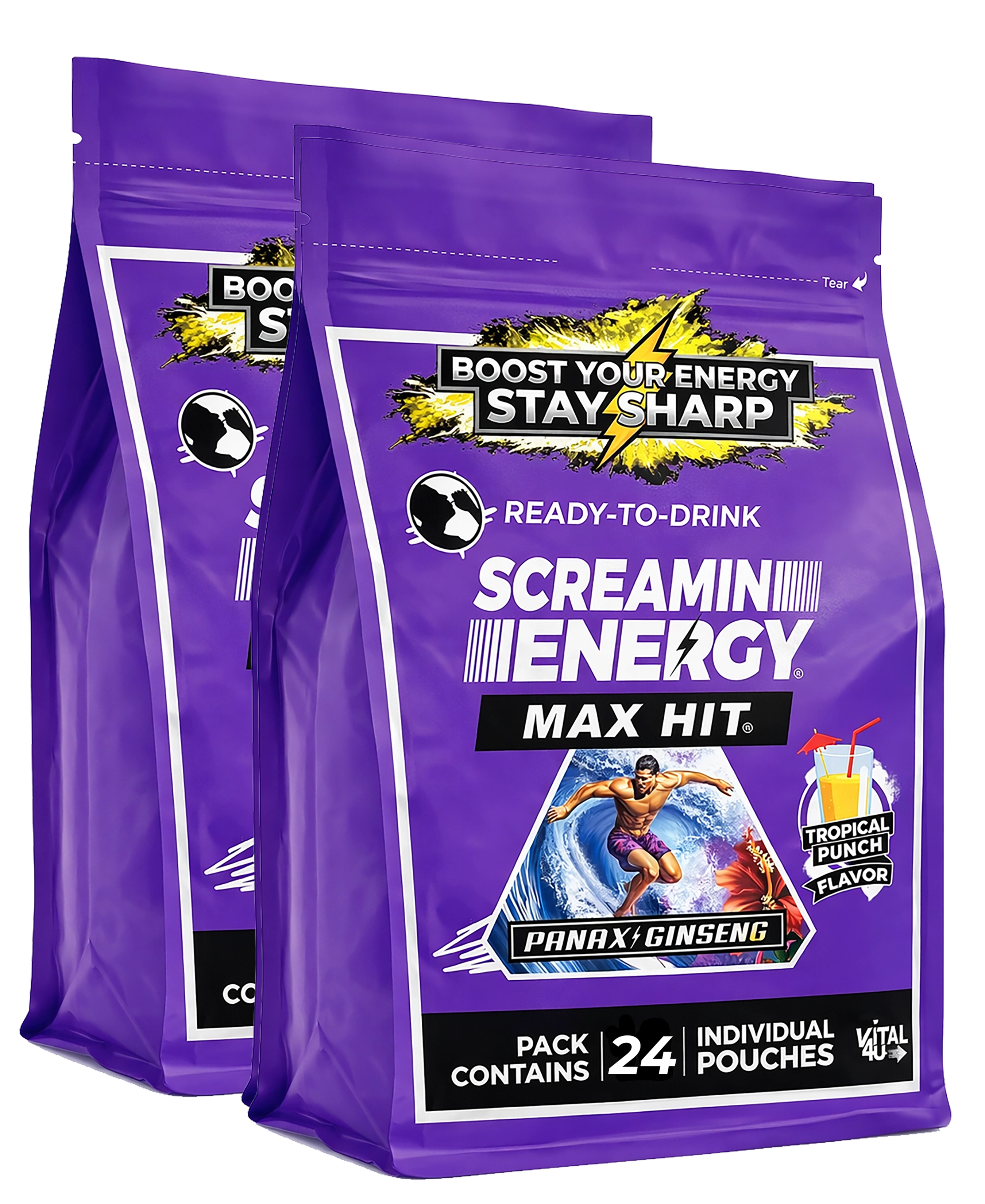 Two packages of Screamin' Energy Max Hit drink mix on a white background