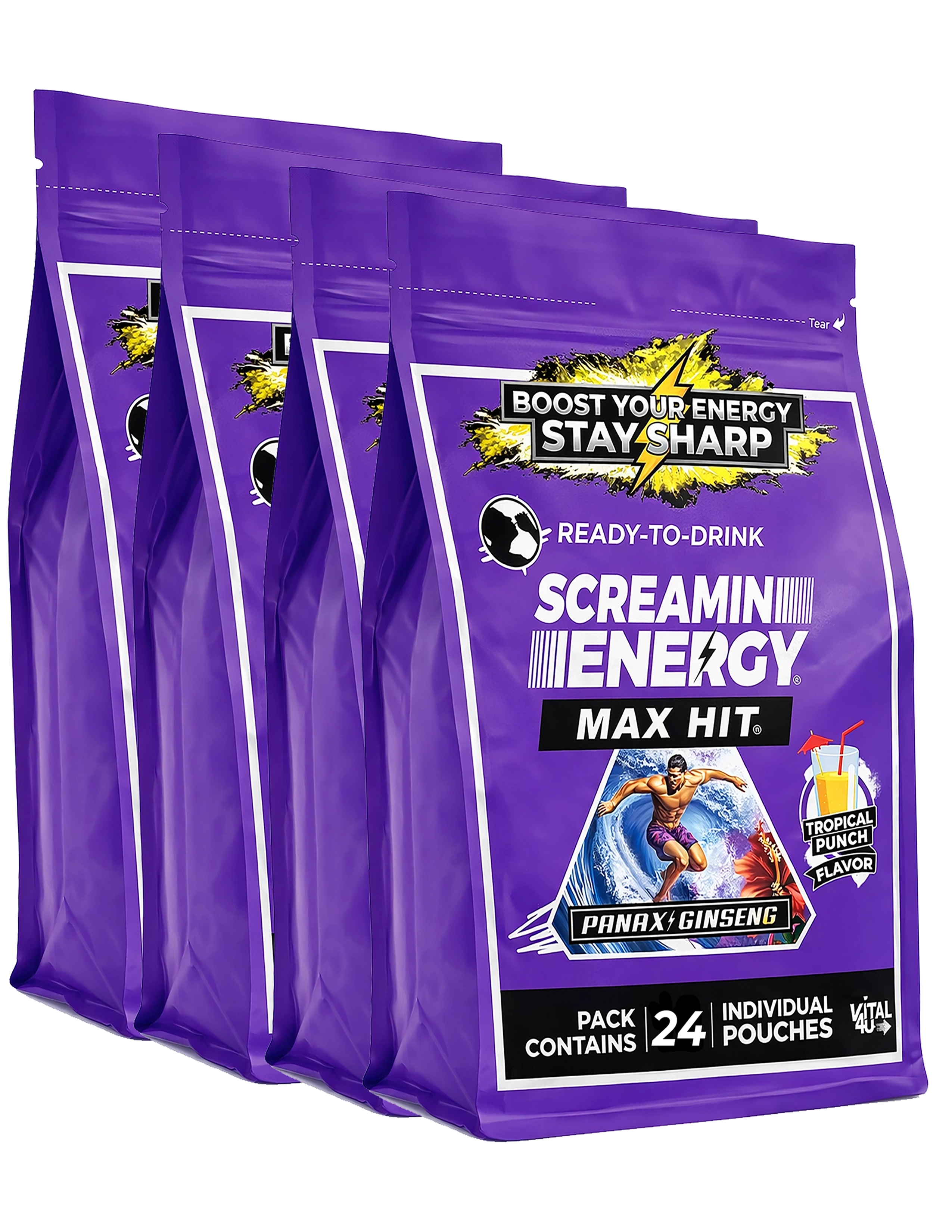 Purple packages of Screamin' Energy Max Hit energy drink mix on a white background