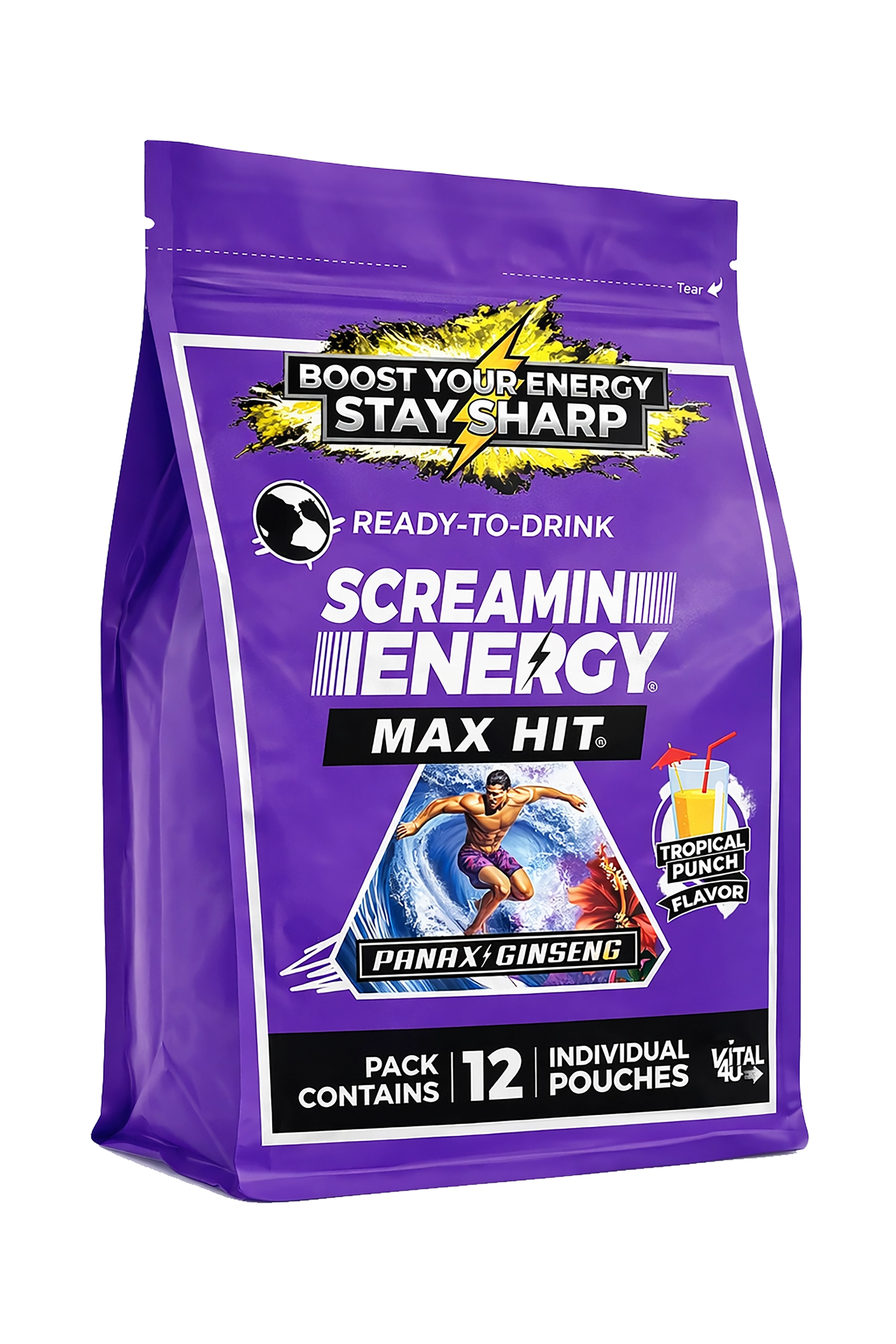 Purple package of Screaming Energy Max Hit energy drink mix on a white background