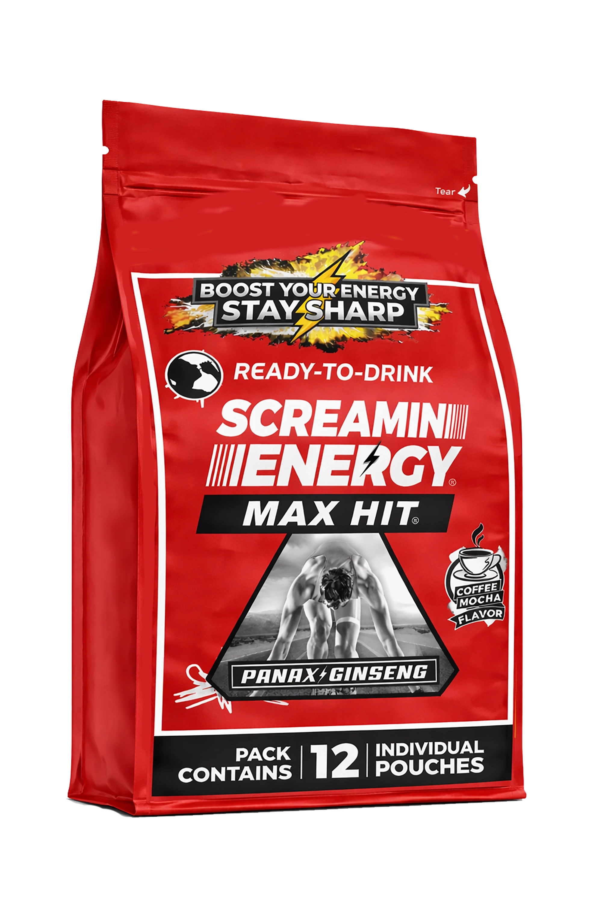 "Screamin Energy Max Hit Coffee Mocha energy shot pouch front packaging"