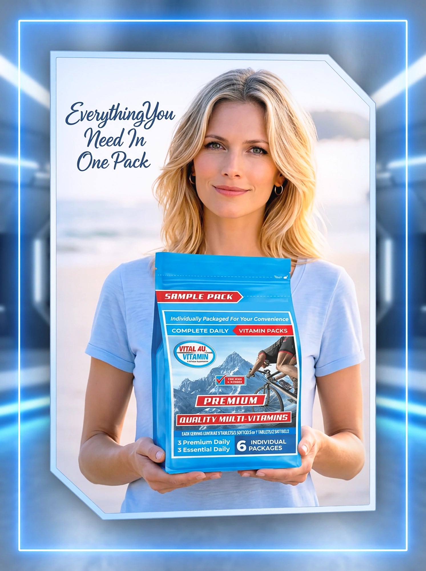 Woman holding a package of vitamins with promotional text on a blue and white background