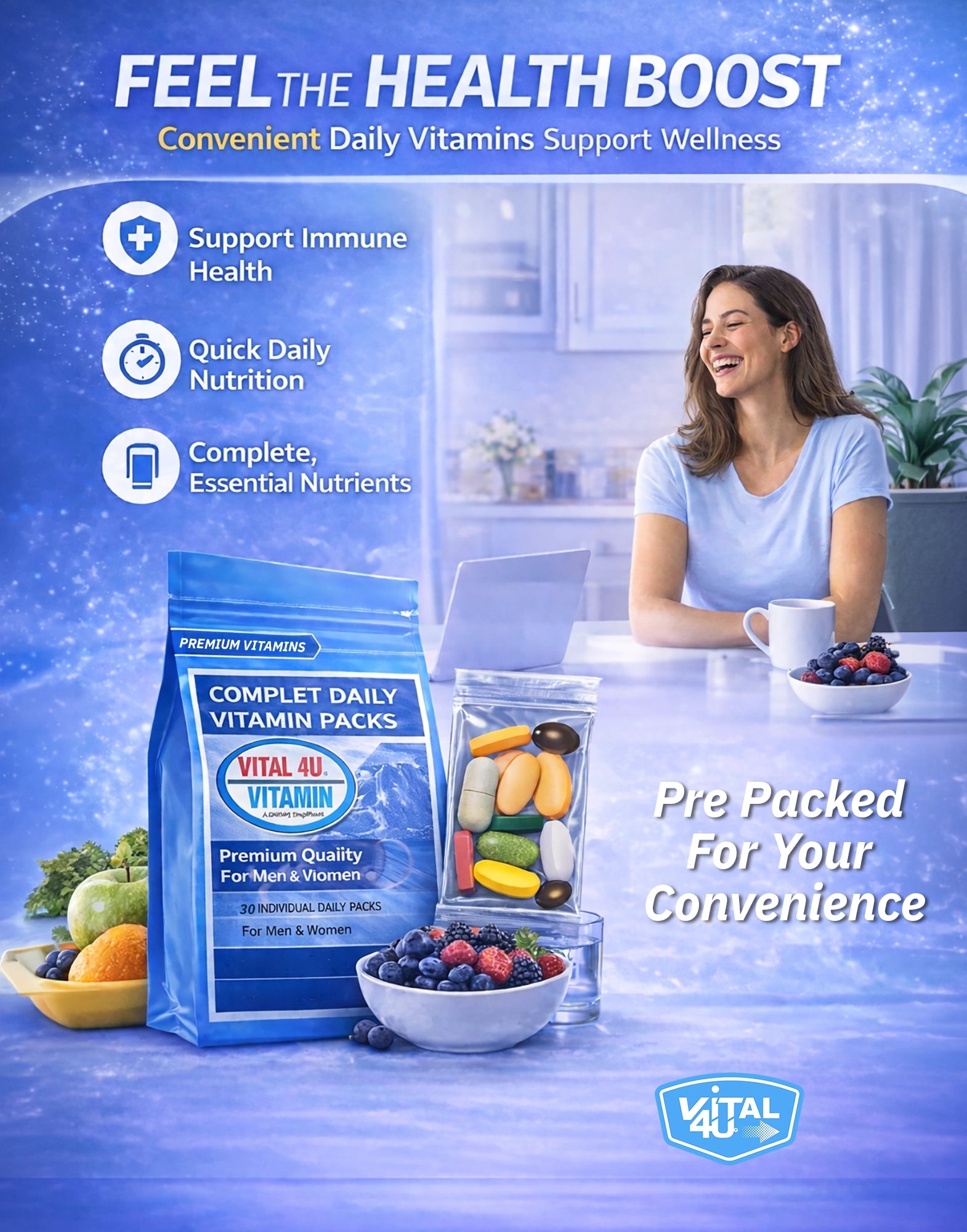 Vital 40 Vitamin packs with a woman at a table, surrounded by fruits and a cup of coffee, on a blue background.