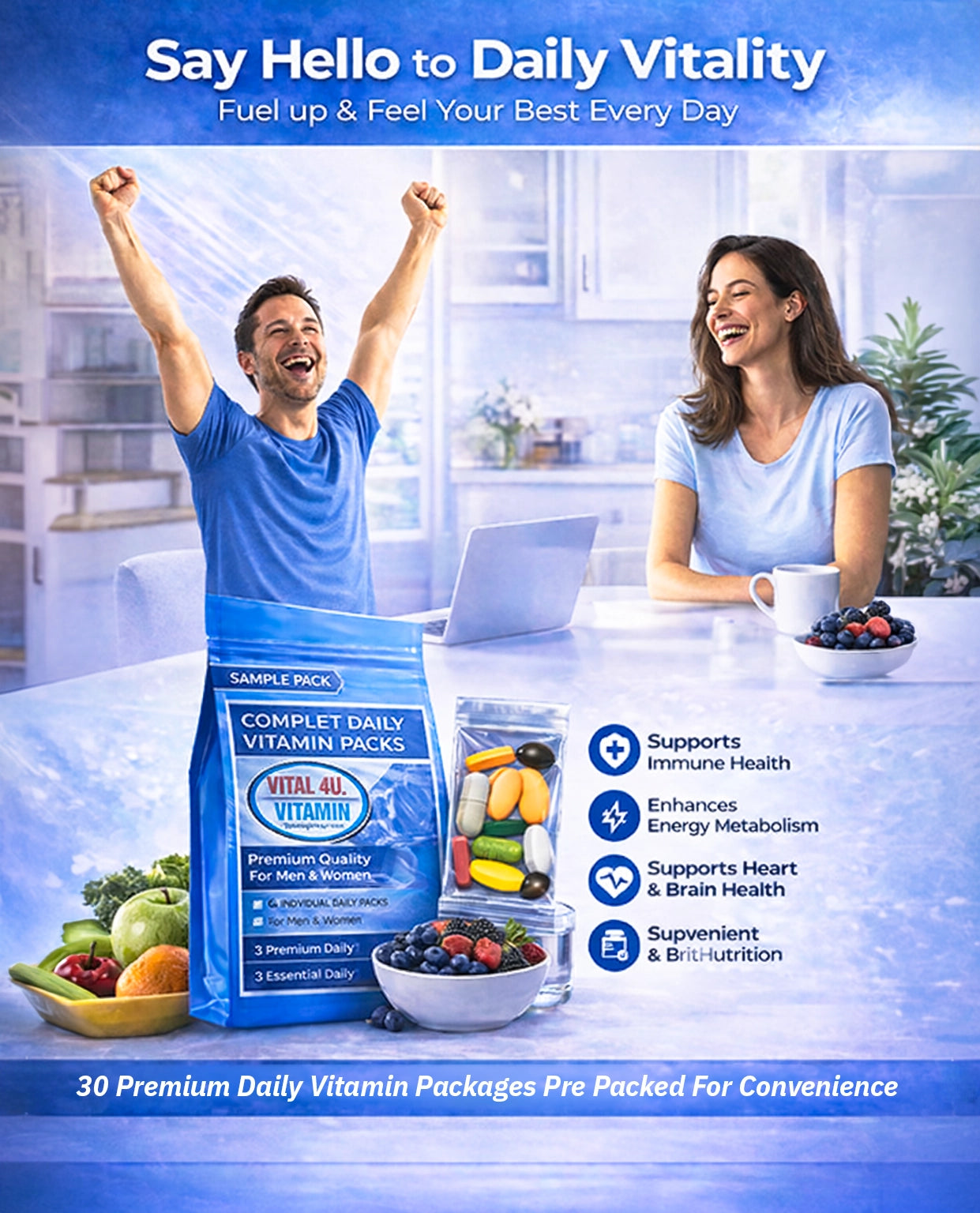 Advertisement for Daily Vitamin Packs with a man and woman in a kitchen setting.