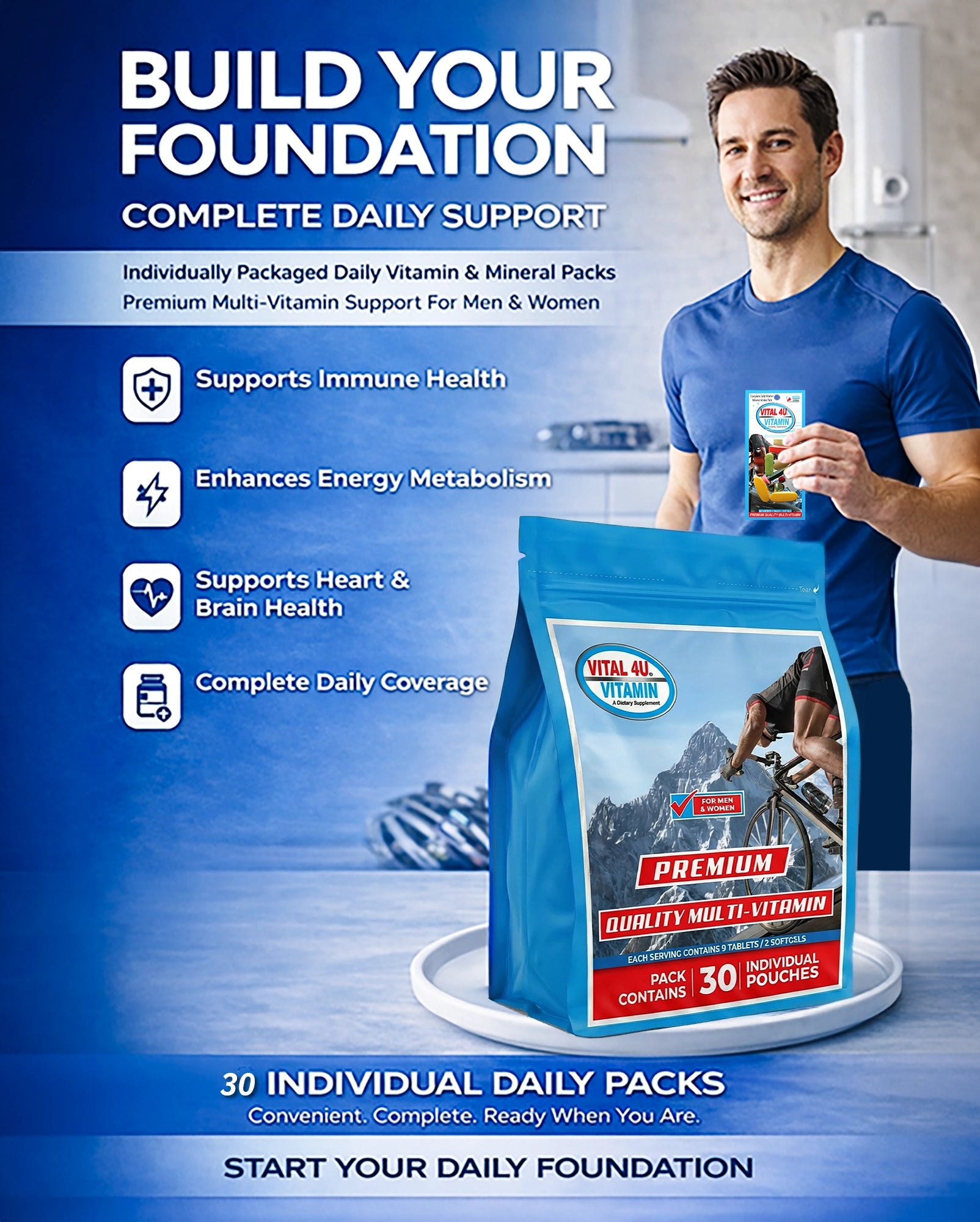 Man holding a package of Vital-4U Vitamin Premium Multi-Vitamin with text about daily support and health benefits.