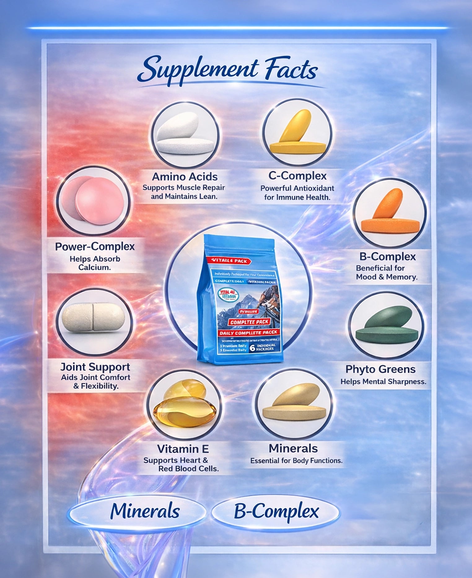 Supplement facts chart with various health benefits and a package of supplements on a colorful background.