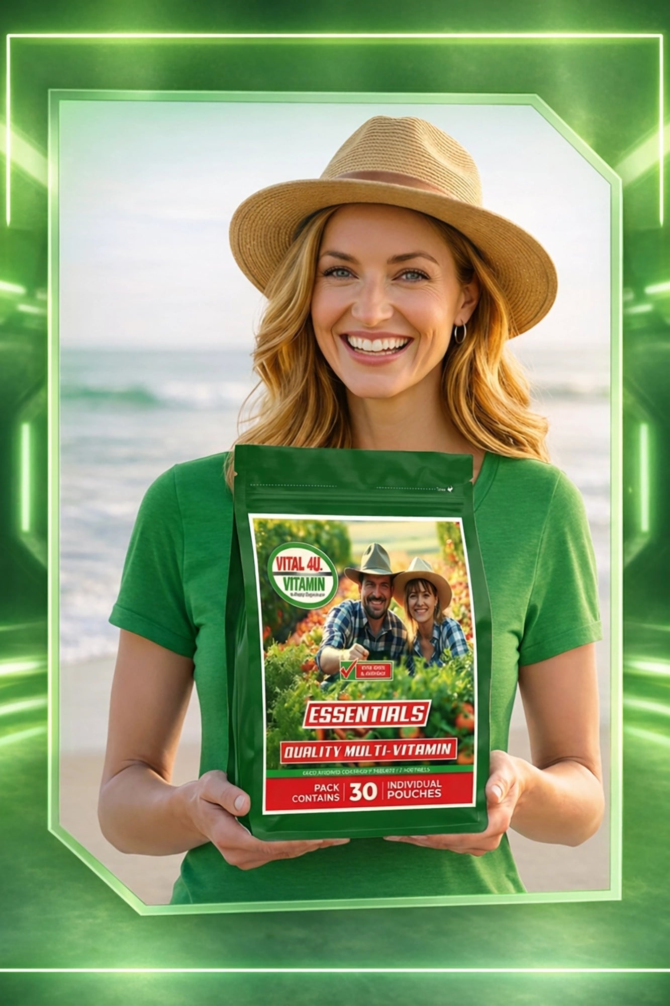 Woman holding a package of vitamins with a scenic background