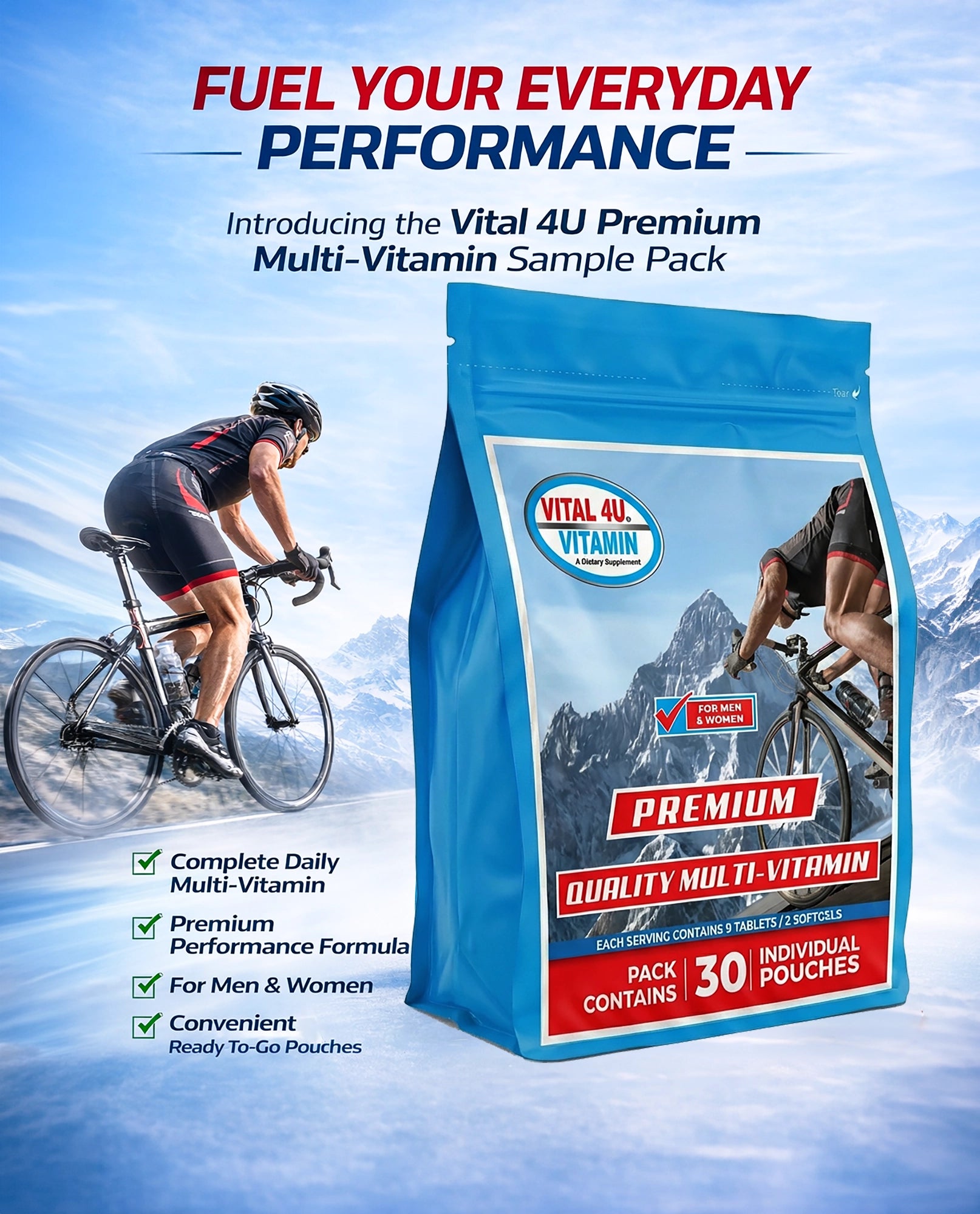 Vital 4U Premium Multi-Vitamin sample pack with a cyclist in the background