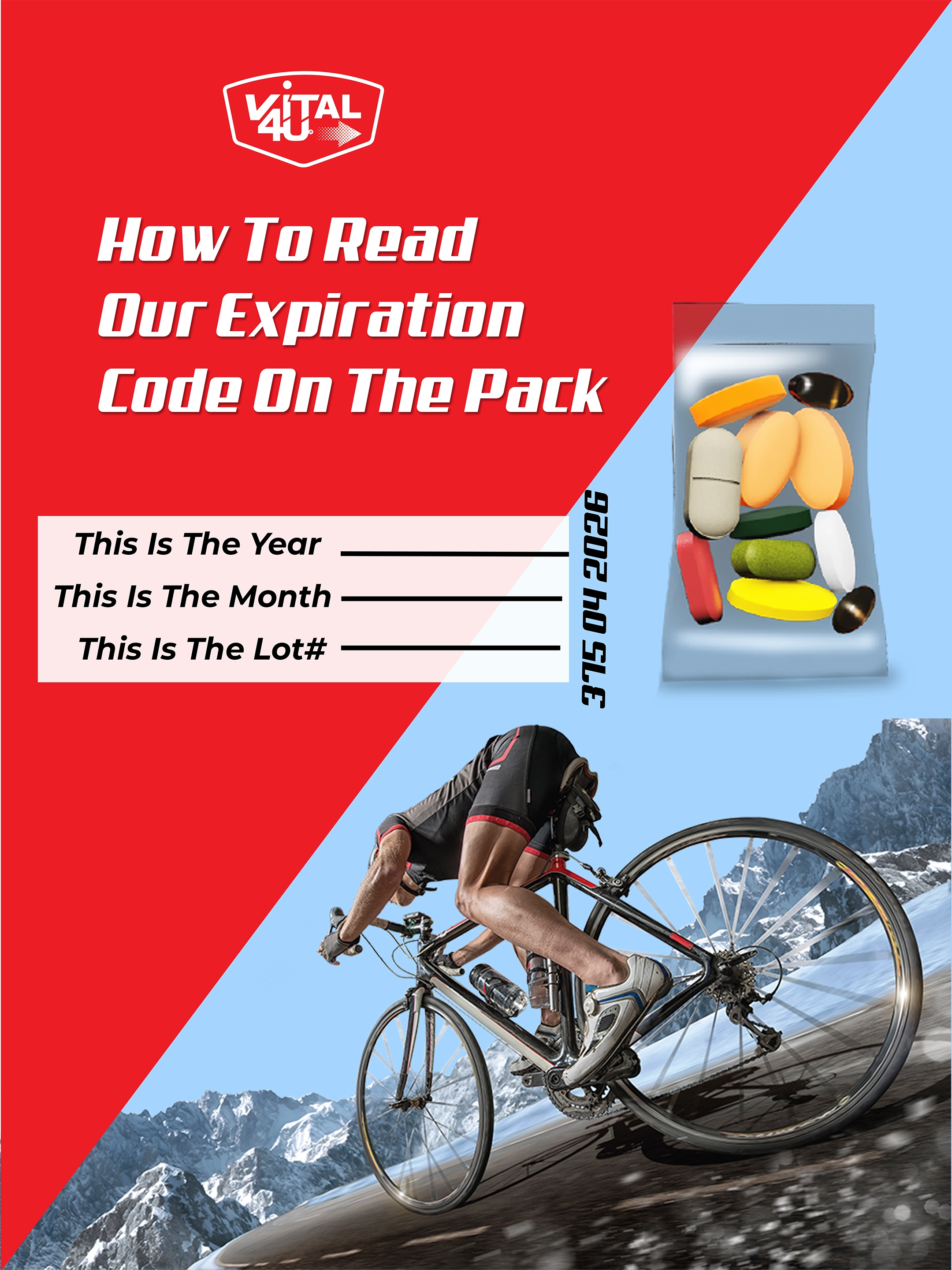 Vital brand packaging with a cyclist on a mountain road and text about expiration codes.