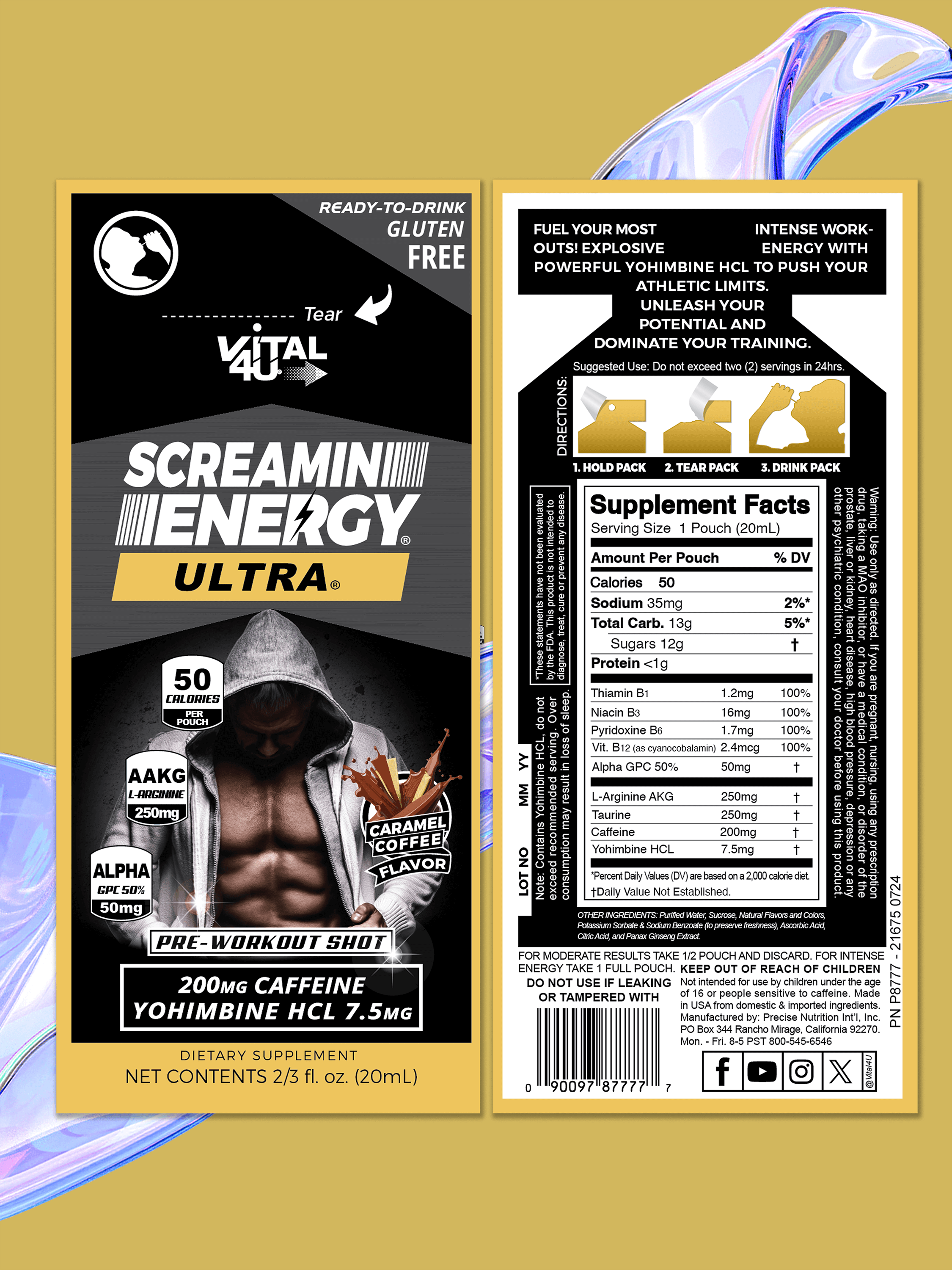 Vital 4U Screaming Energy Ultra caramel coffee pre-workout packaging with label on a gold background.