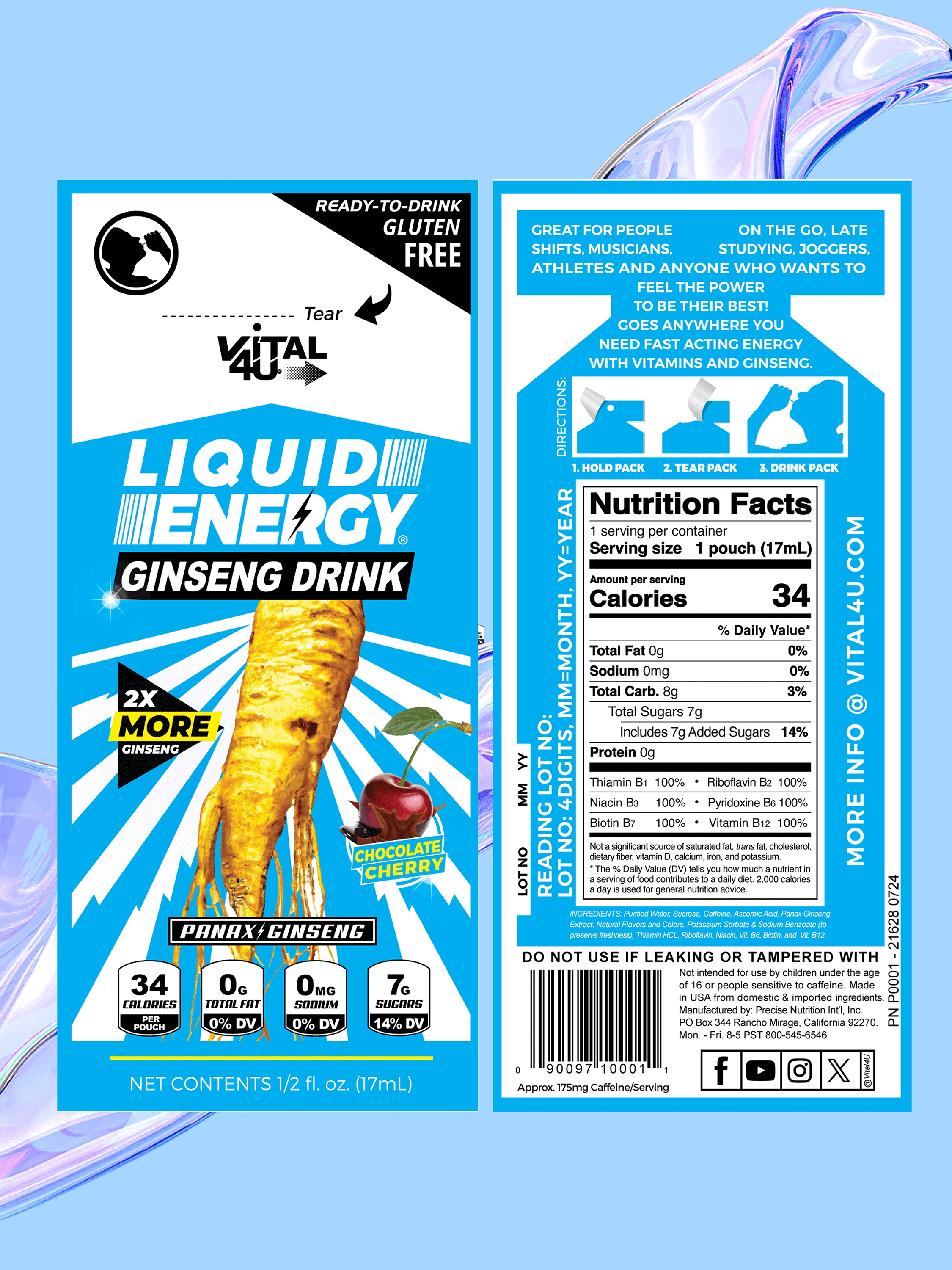 Chocolate cherry flavored Liquid Energy shot front and back labels.