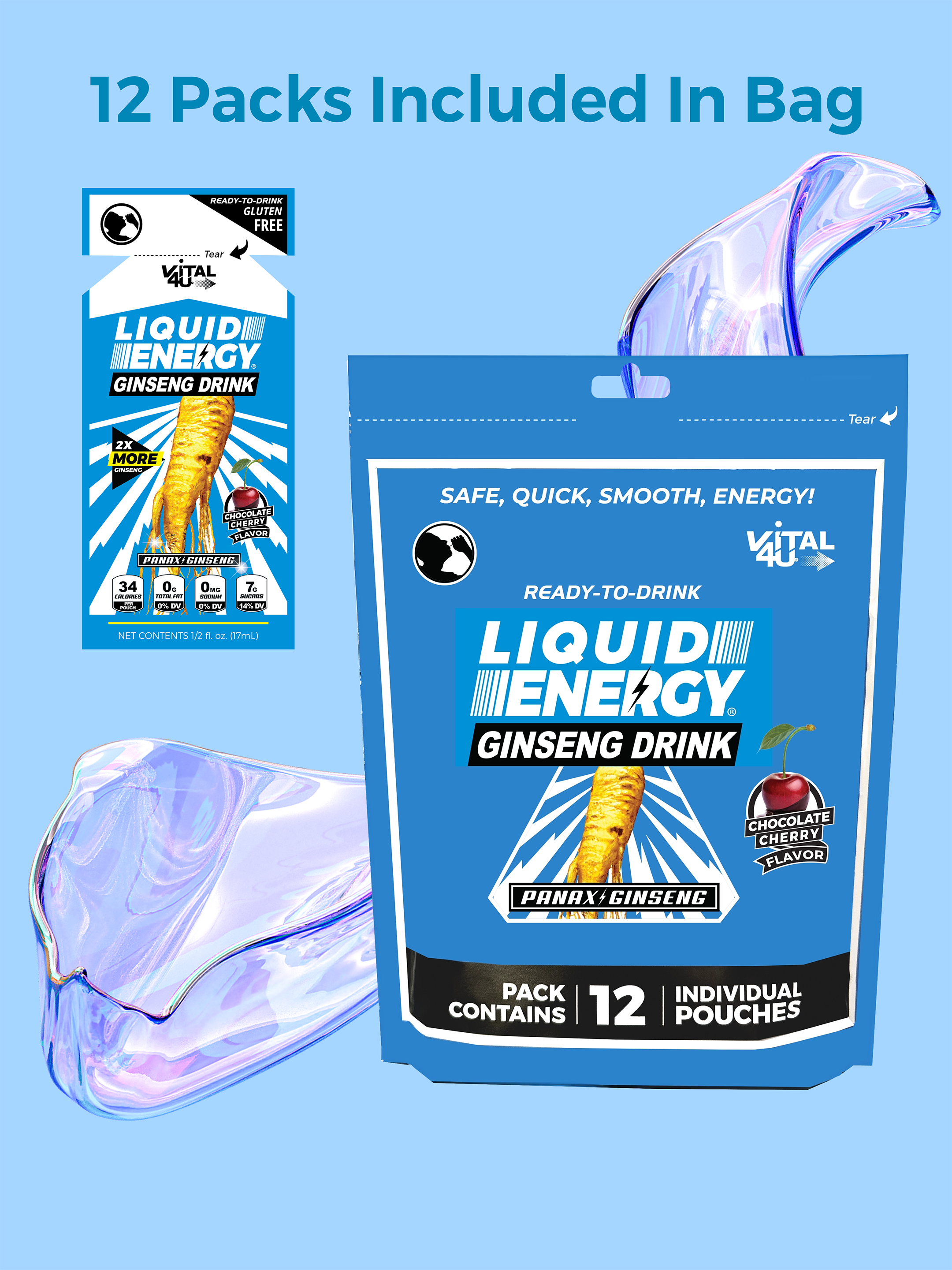 A 12 pack of chocolate cherry flavored Liquid Energy energy pouches.