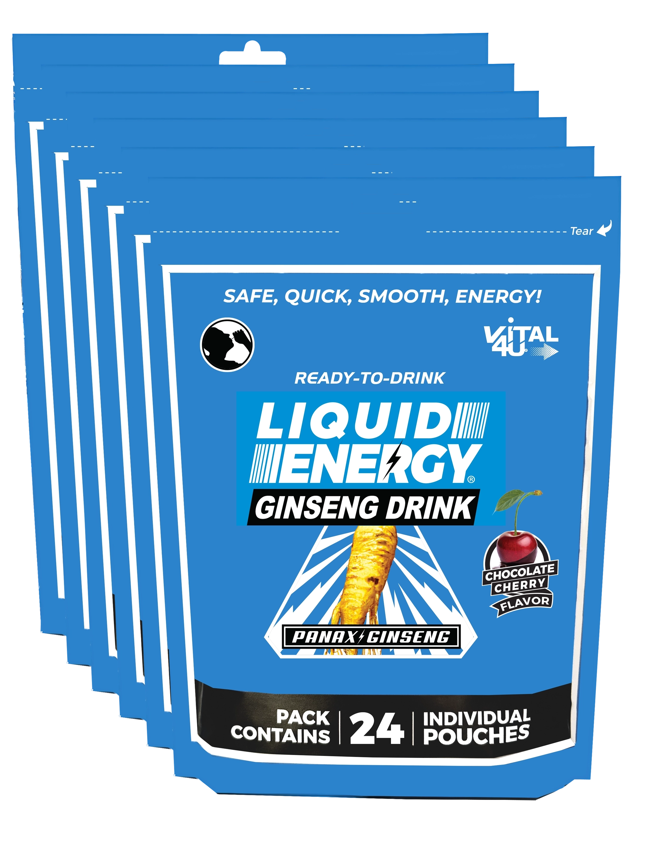 Six blue bags containing 24 pouches each of Vital 4U chocolate cherry flavored Liquid Energy shots.