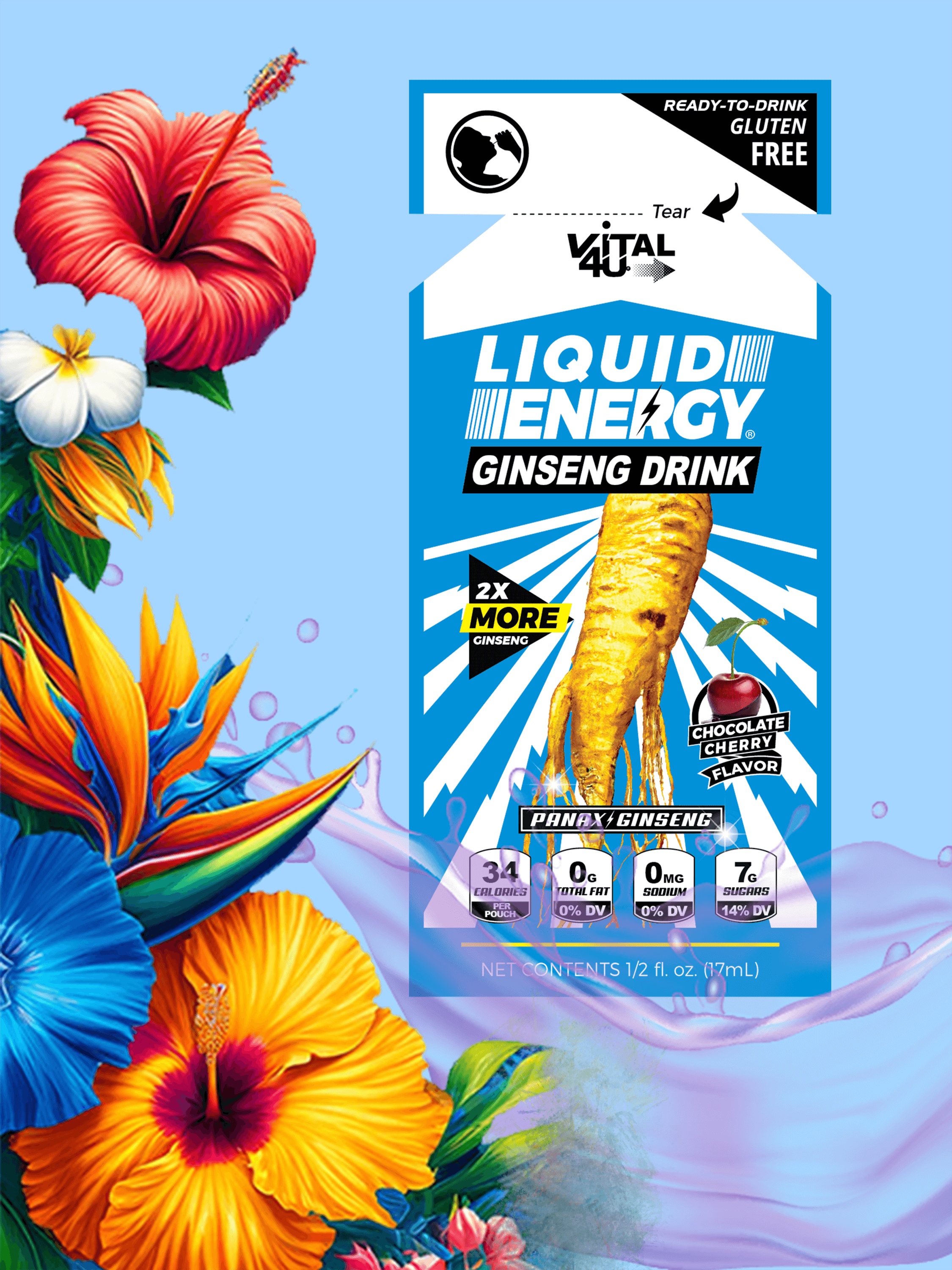 Vital4 Liquid Energy Ginseng Drink (chocolate cherry flavored) package with tropical flowers on a blue background.