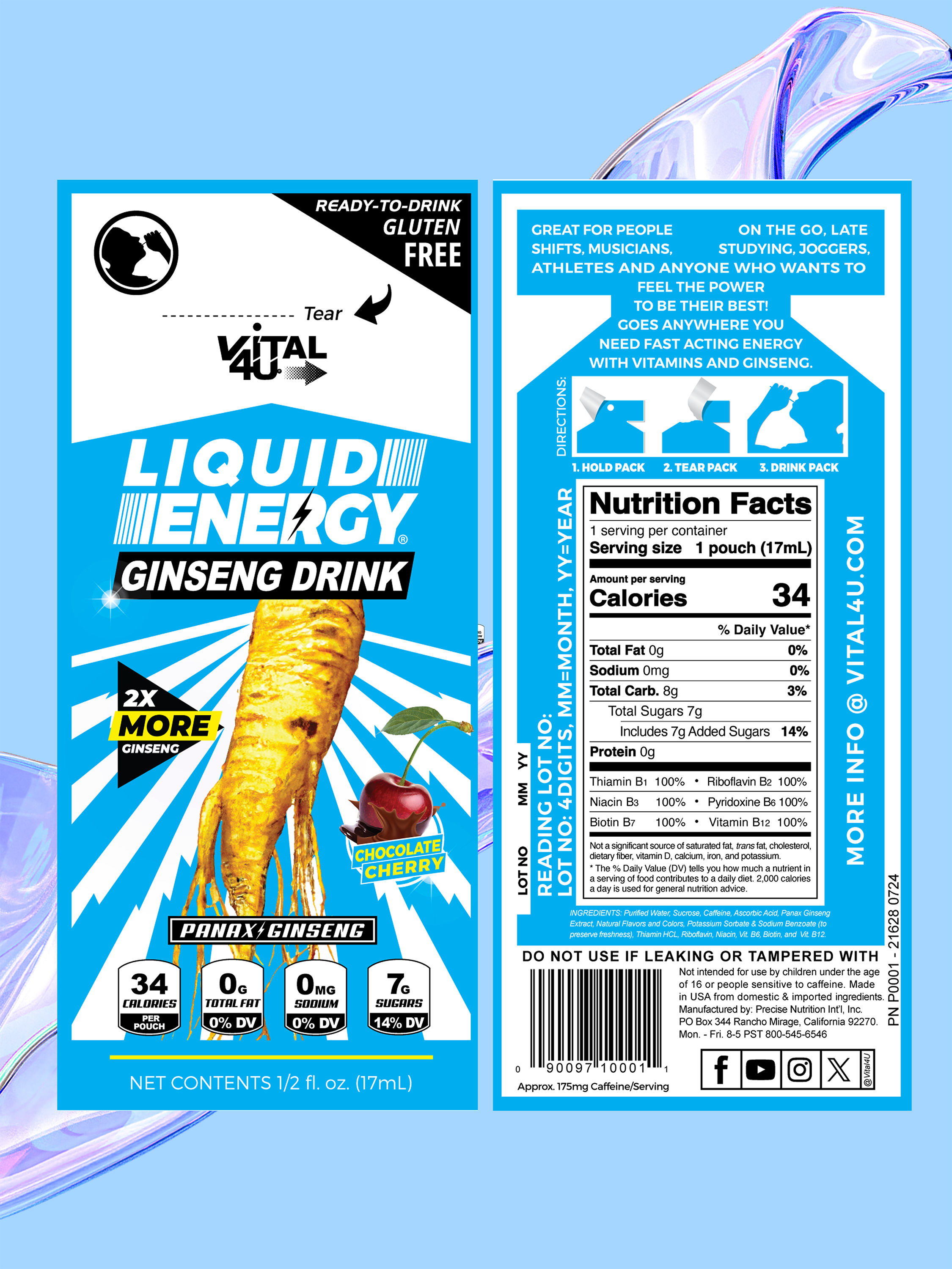 Chocolate cherry flavored Liquid Energy front and back labels.