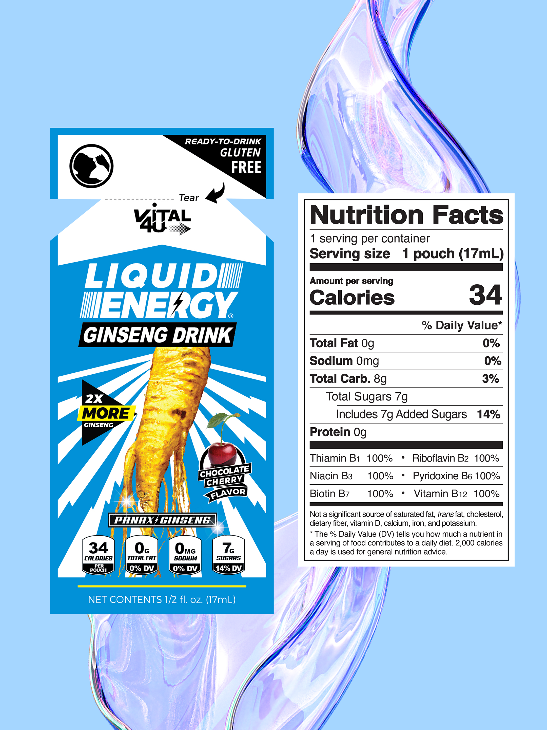 Vital 4U chocolate cherry flavored Liquid Energy ginseng drink pouch front and back on a blue background.