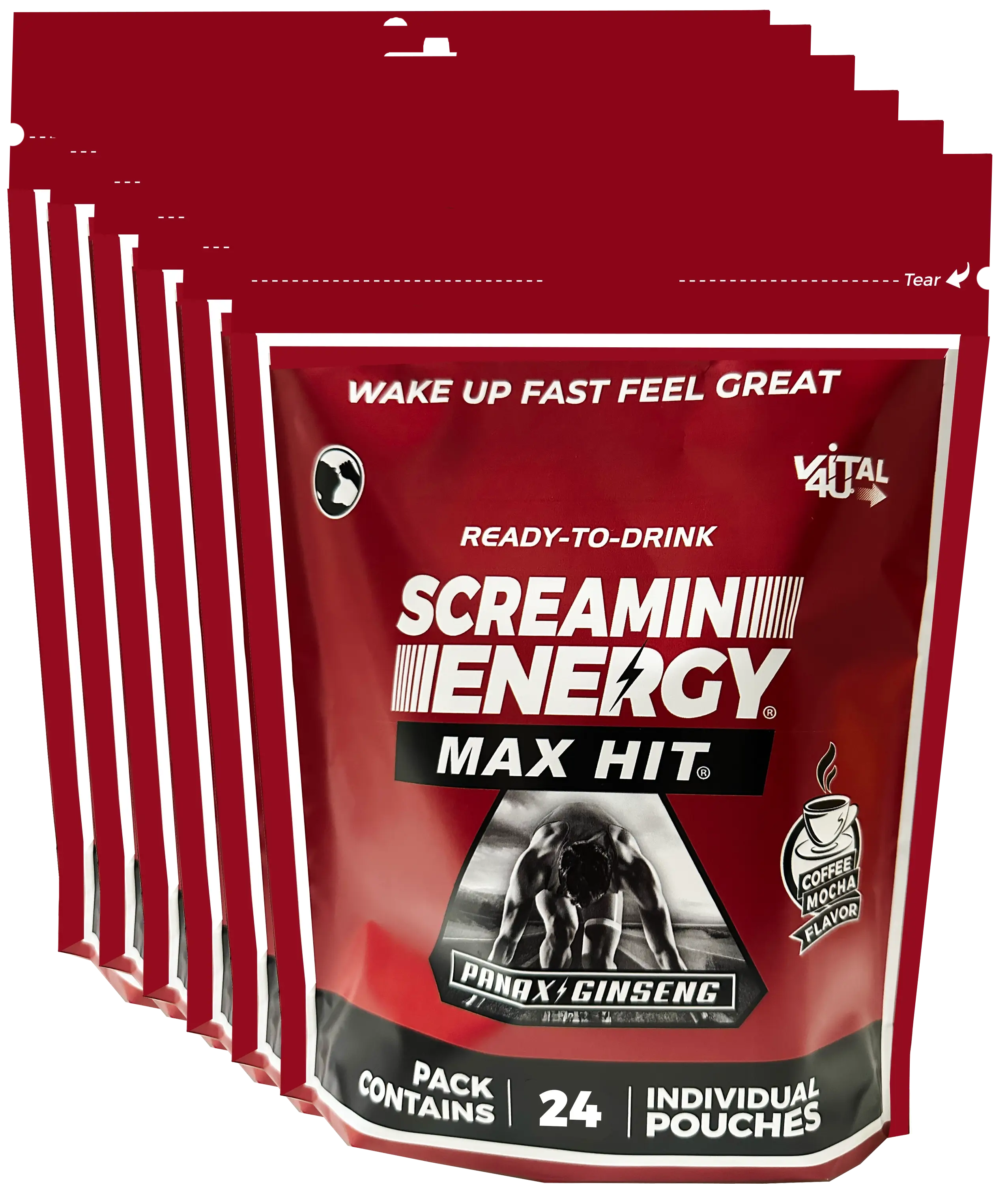 Six red bags containing 24 pouches each of Vital 4U Screamin Energy Max Hit mocha flavored ginseng energy shots.