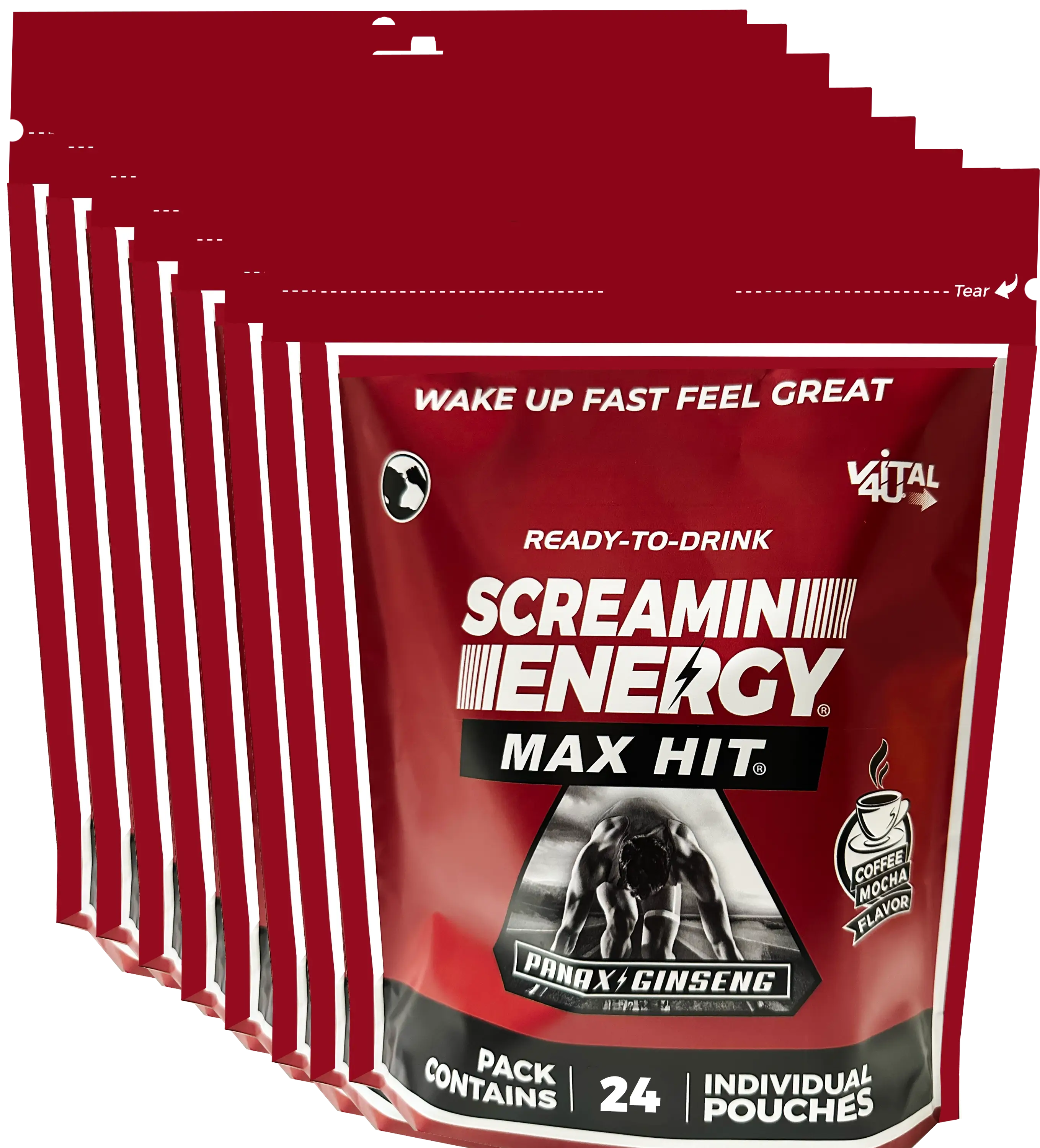 Eight red bags containing 24 pouches each of Vital 4U Screamin Energy Max Hit mocha flavored ginseng energy shots.