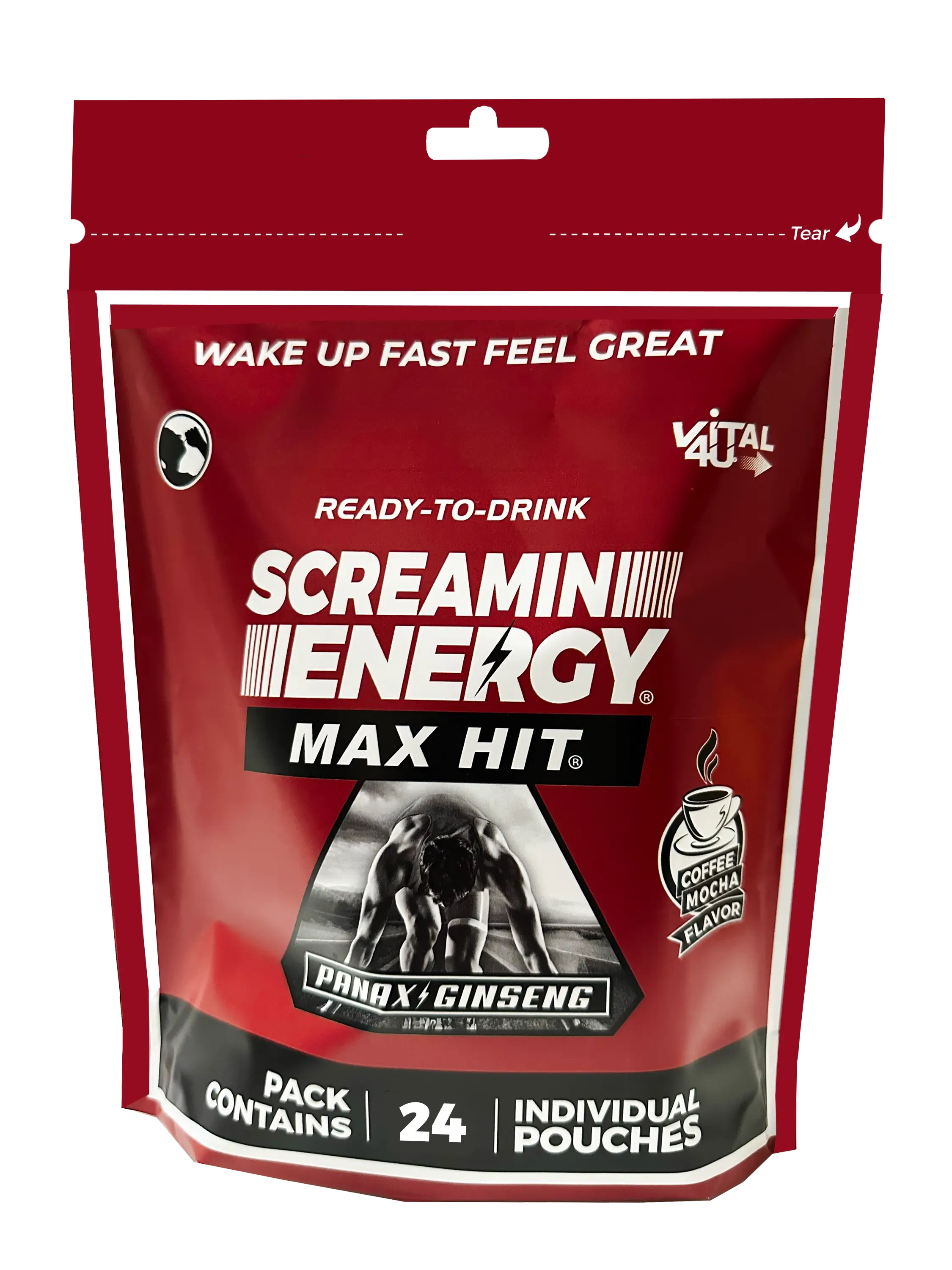 A red bag containing 24 pouches of Vital 4U Screamin Energy Max Hit mocha flavored ginseng energy shots.