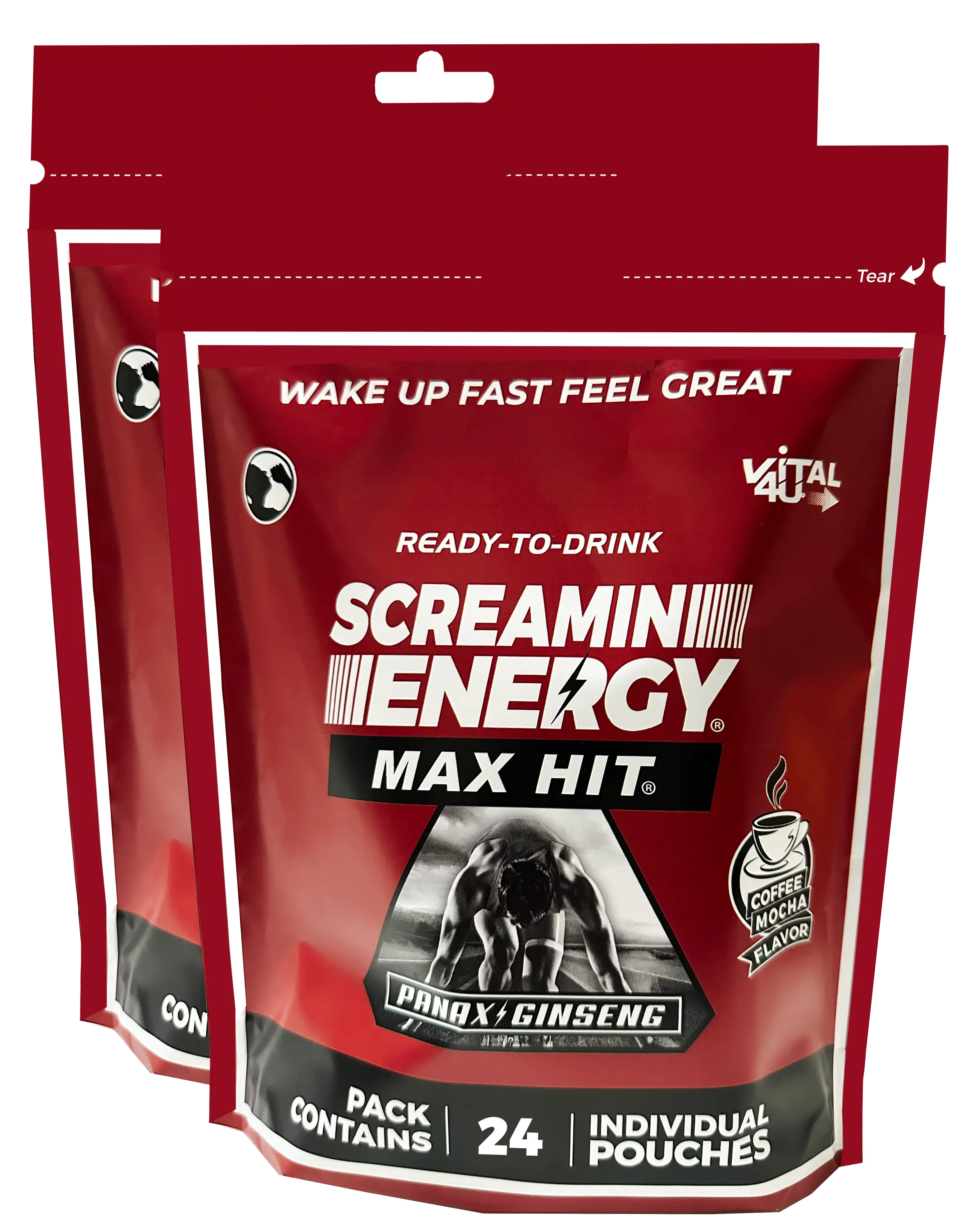 Two red bags containing 24 pouches each of Vital 4U Screamin Energy Max Hit mocha flavored ginseng energy shots.