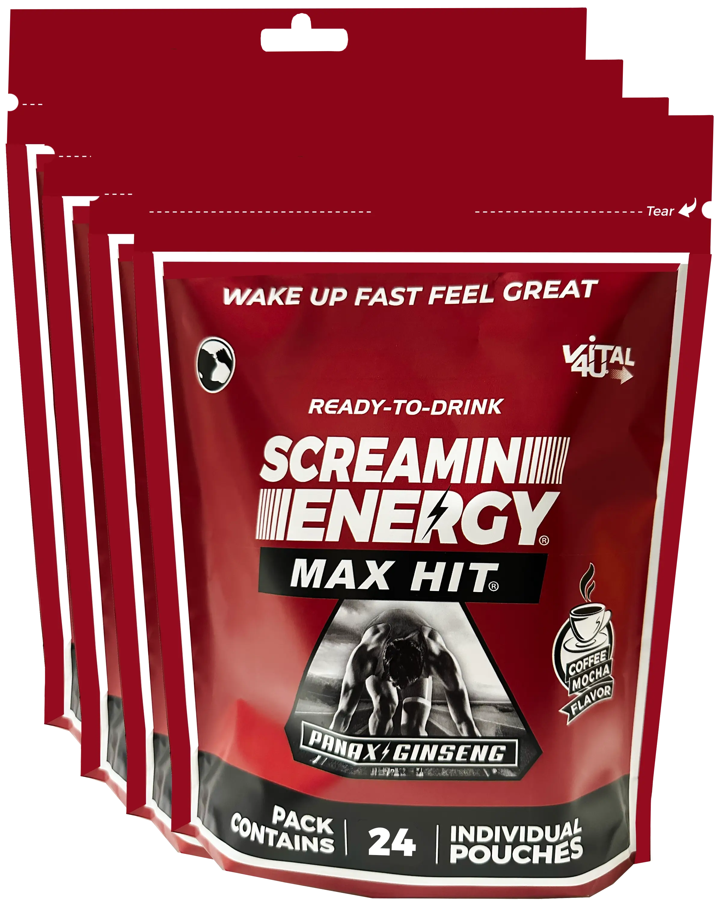 Four red bags containing 24 pouches each of Vital 4U Screamin Energy Max Hit mocha flavored ginseng energy shots.
