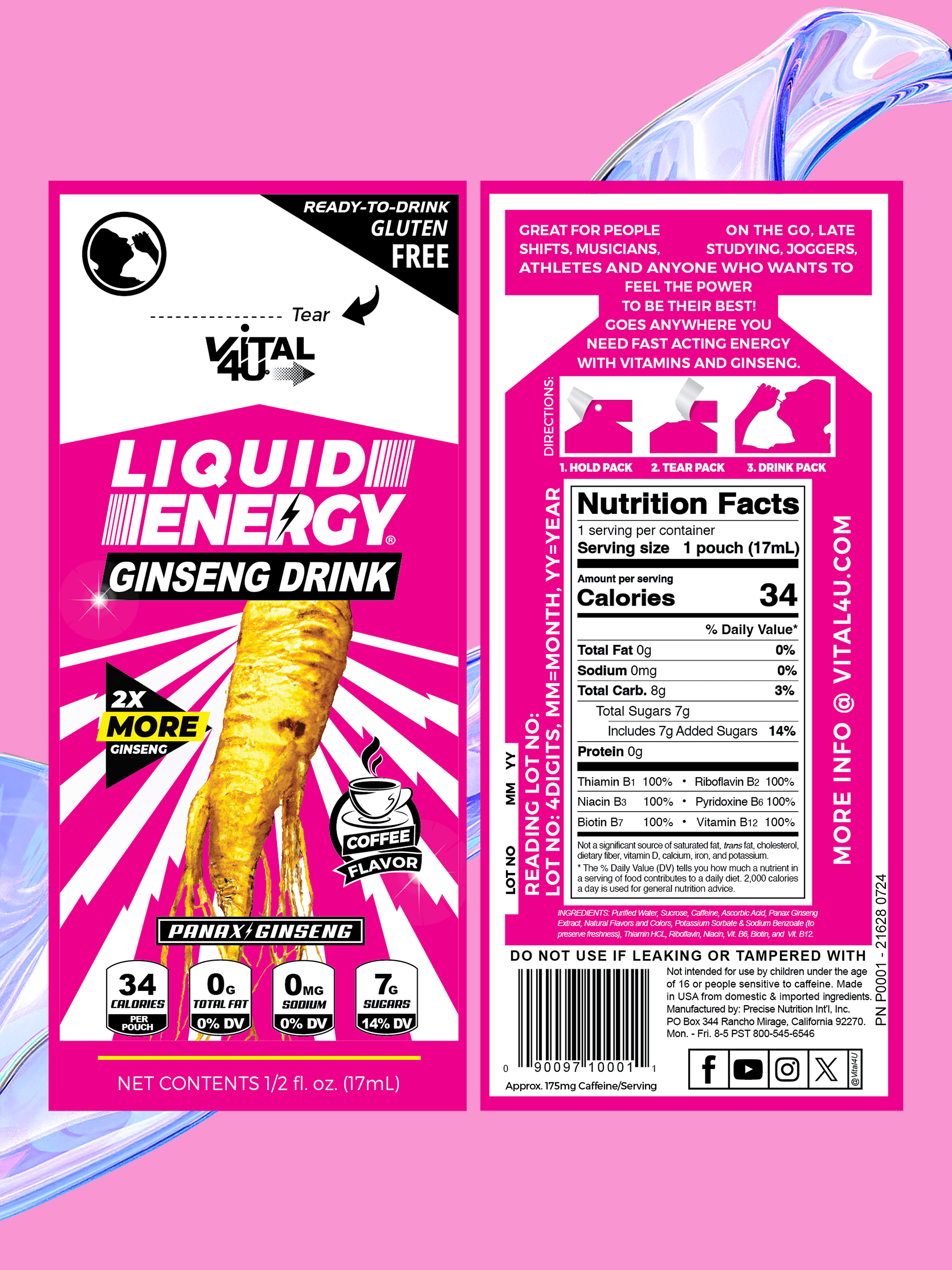 Vital 4U Ginseng Liquid Energy Drink package and label over a pink background.