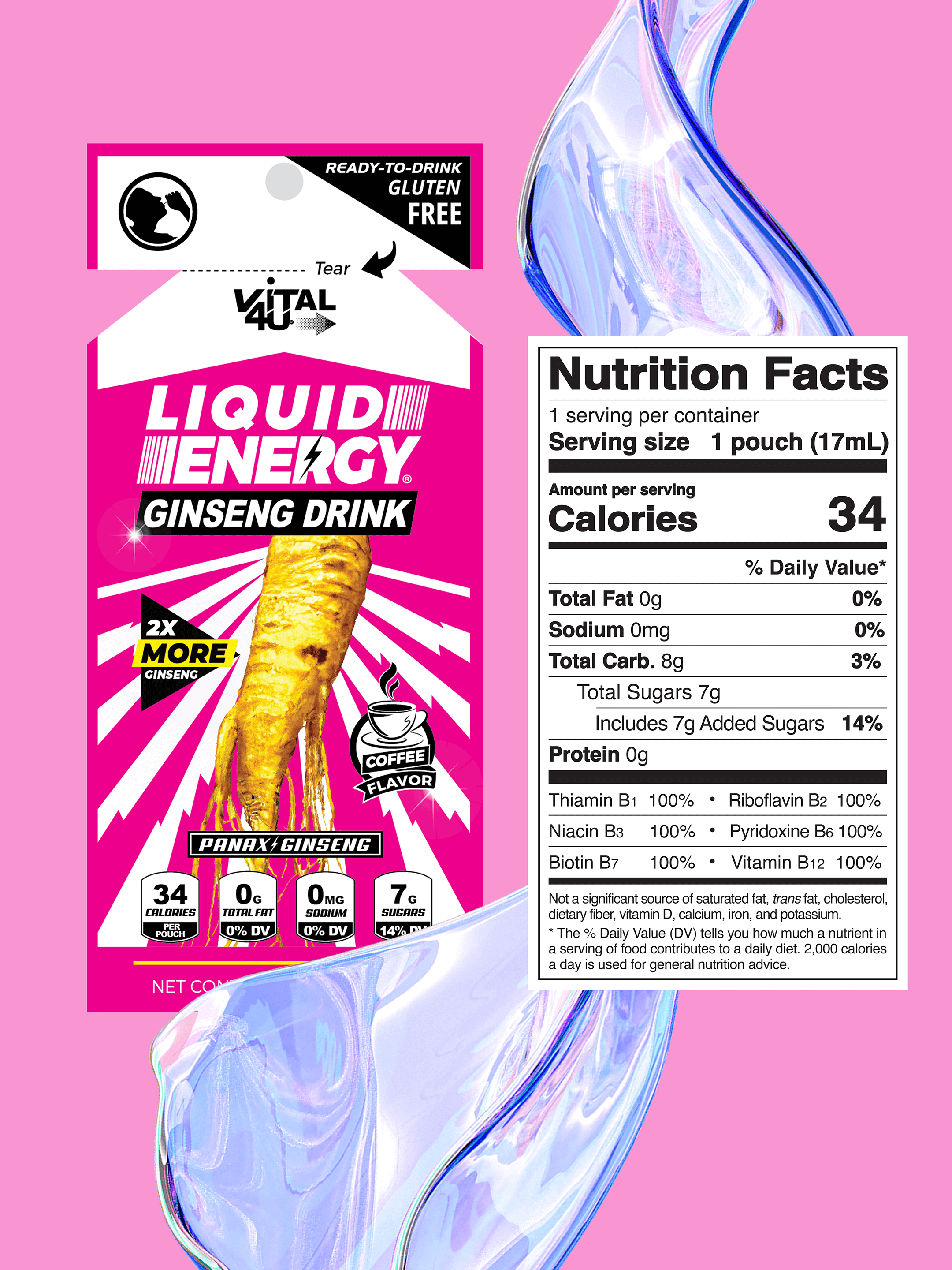 Vital 4U coffee flavor Liquid Energy Ginseng Drink package with nutrition facts on a pink background.